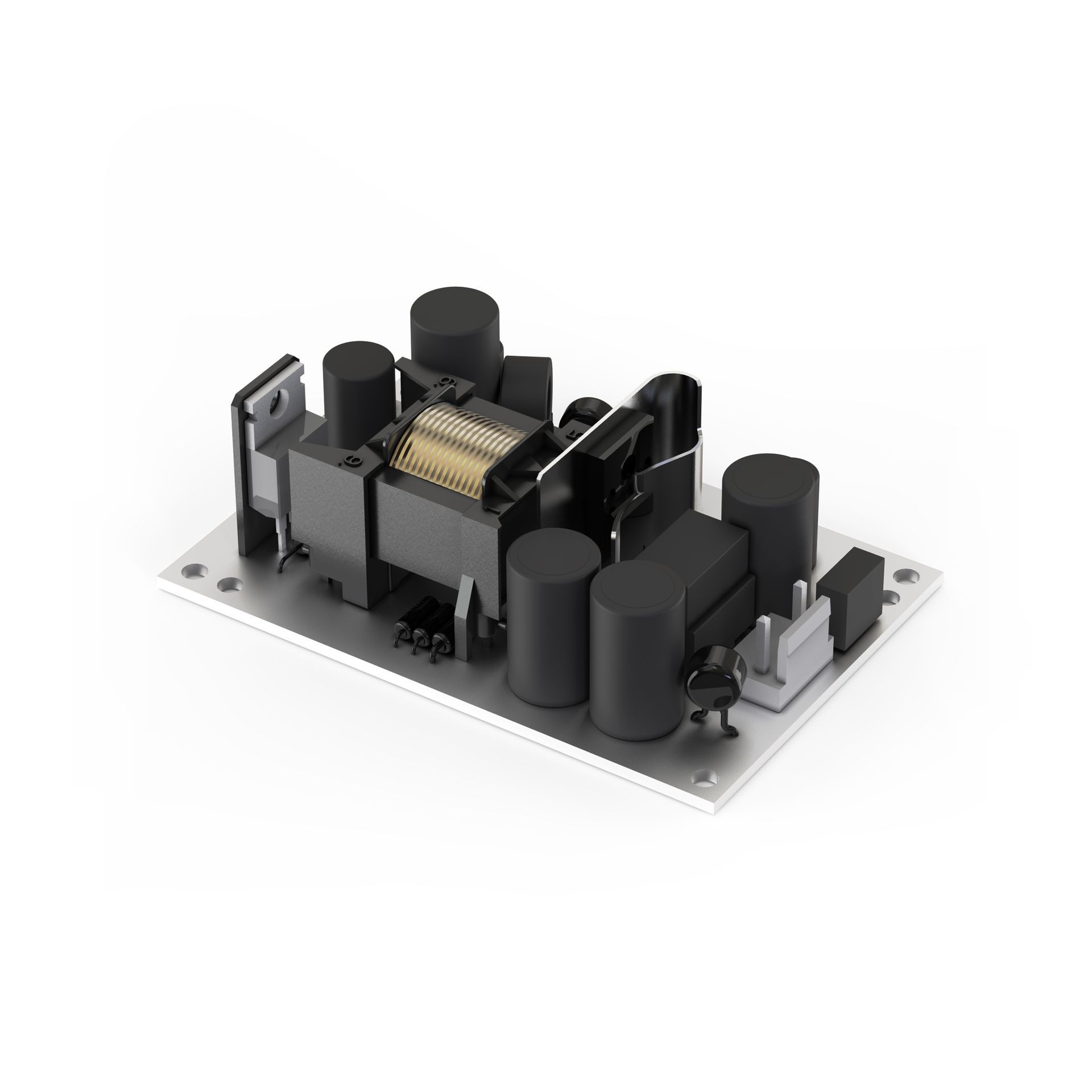 A black power supply is sitting on a white surface