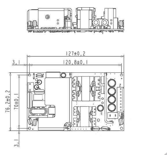 A black and white drawing of an open frame power supply with measurements.