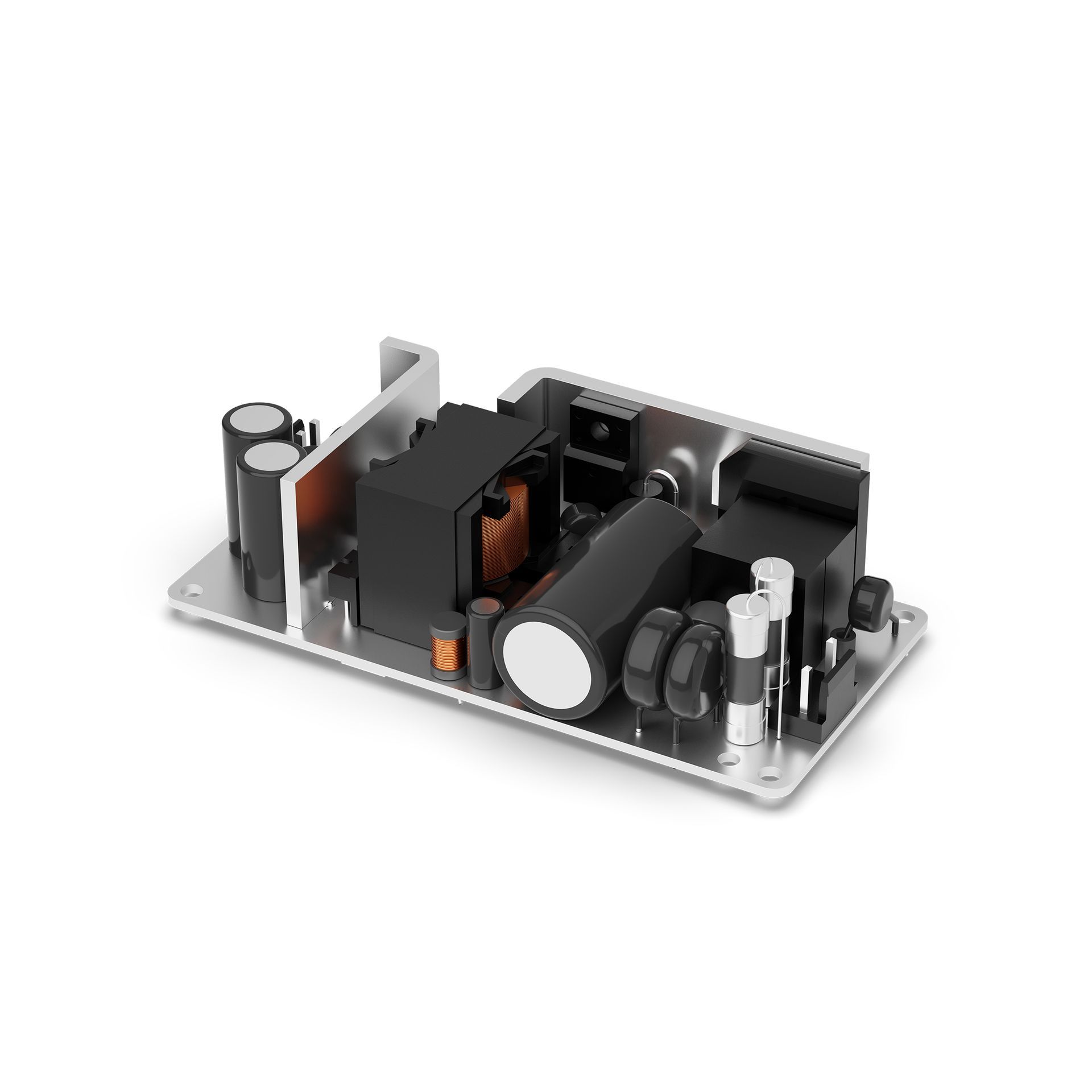 A close up 3d model of an open frame power supply on a white background.