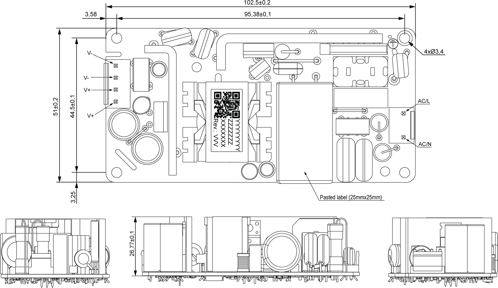 A black and white drawing of an open frame power supply with measurements.