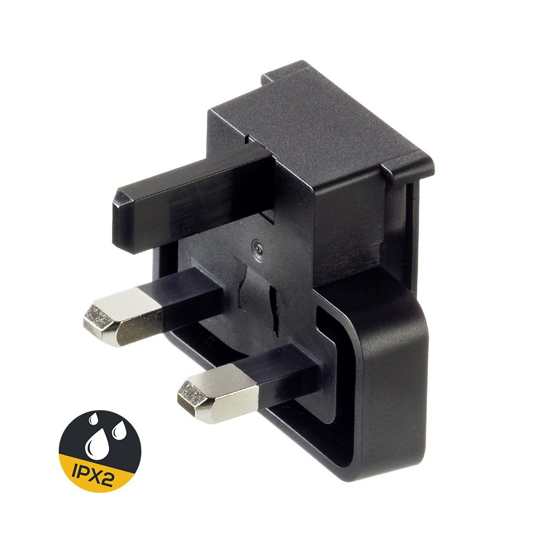 A black plug with a yellow sticker that says ipx2