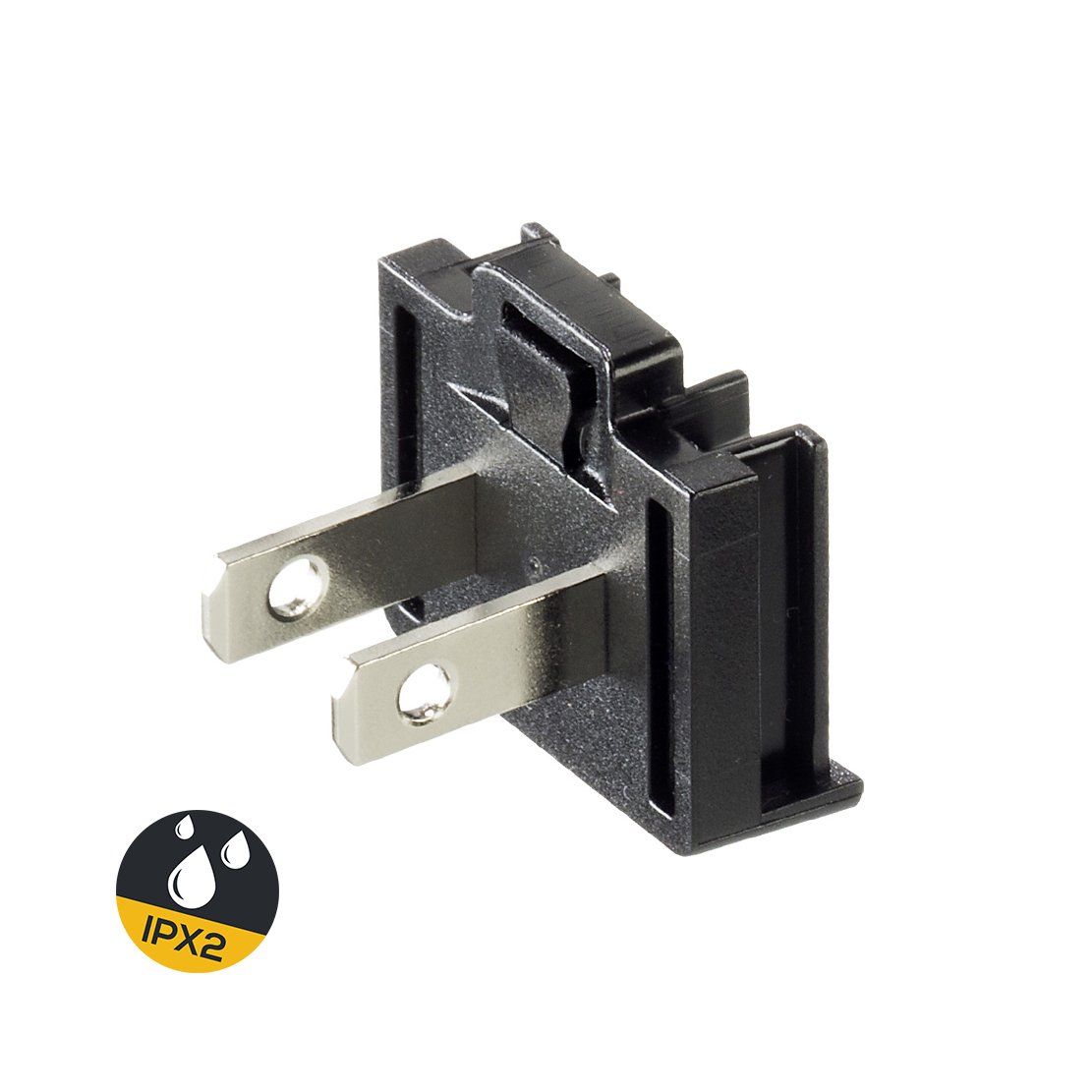 A close up of a ipx2 plug on a white background