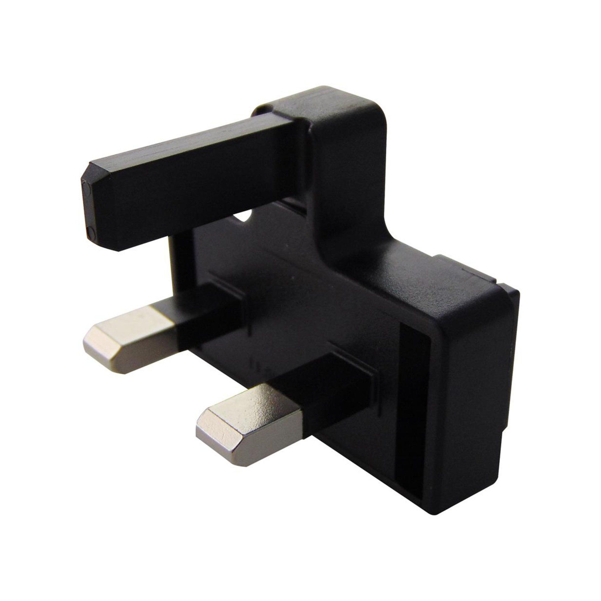 A close up of a black plug on a white background
