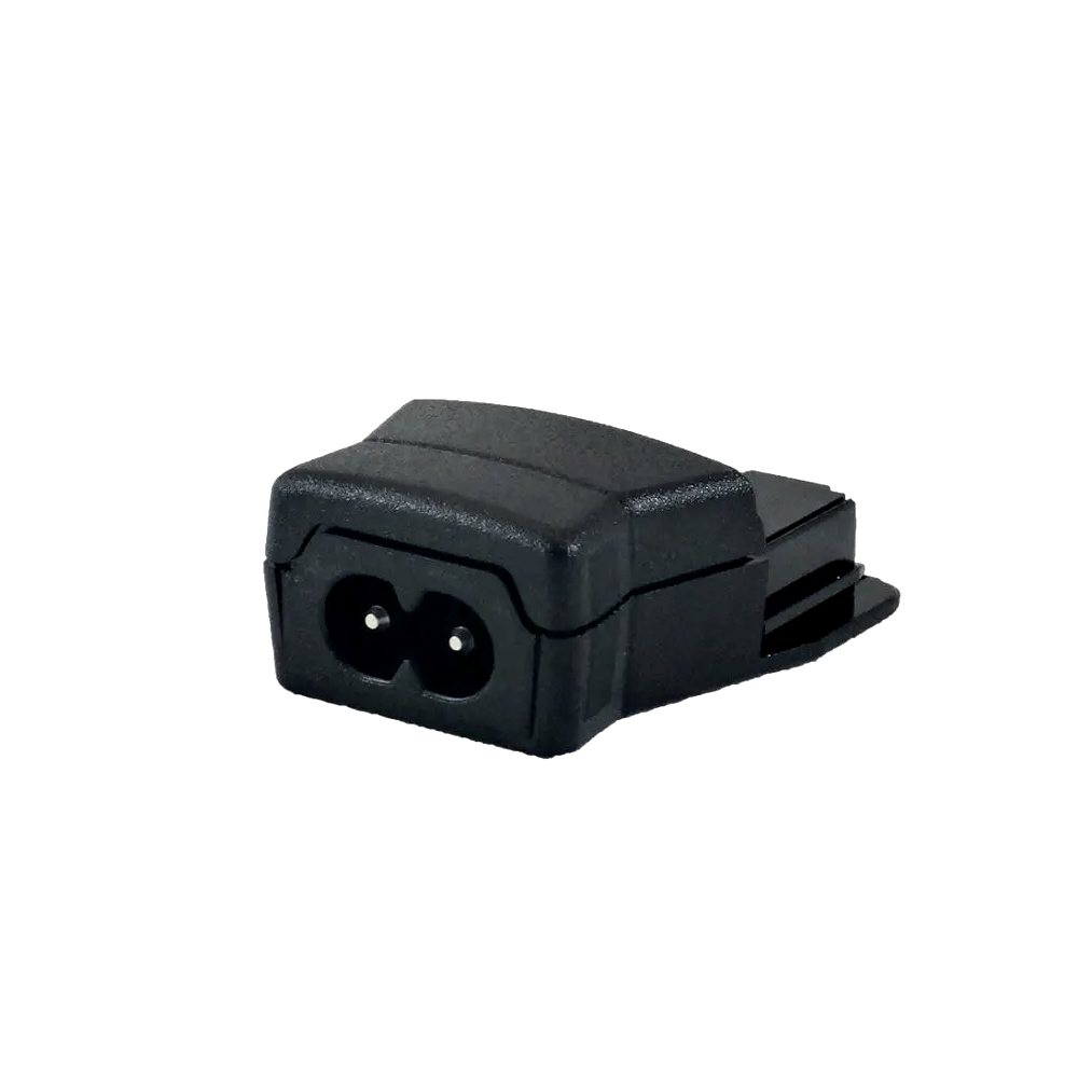 A close up of a black charger on a white background