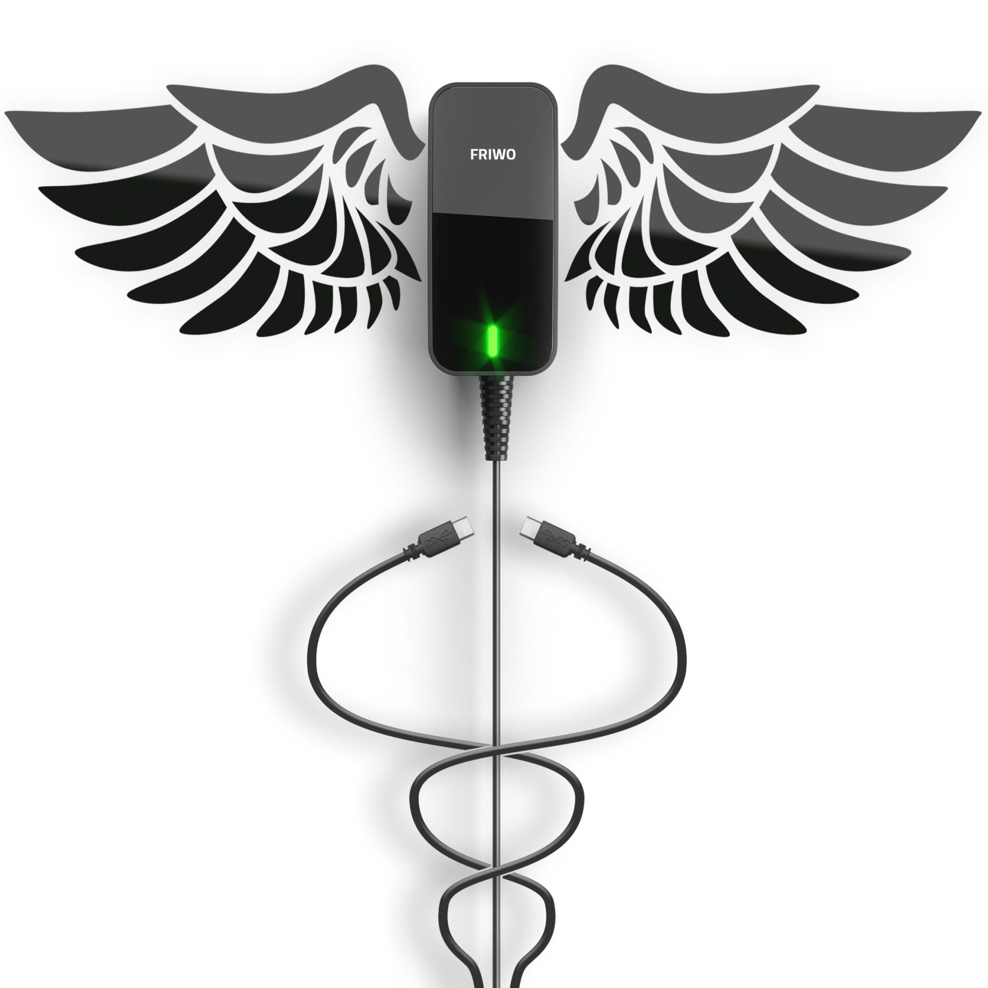 A power supply with wings and a charger attached to it