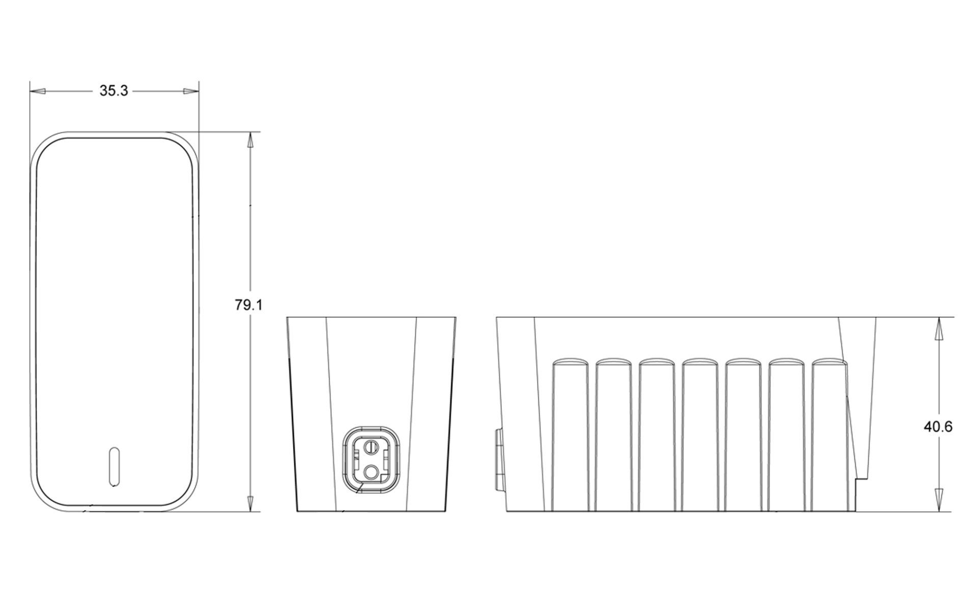 A black and white drawing of a power supply with measurements on a white background.