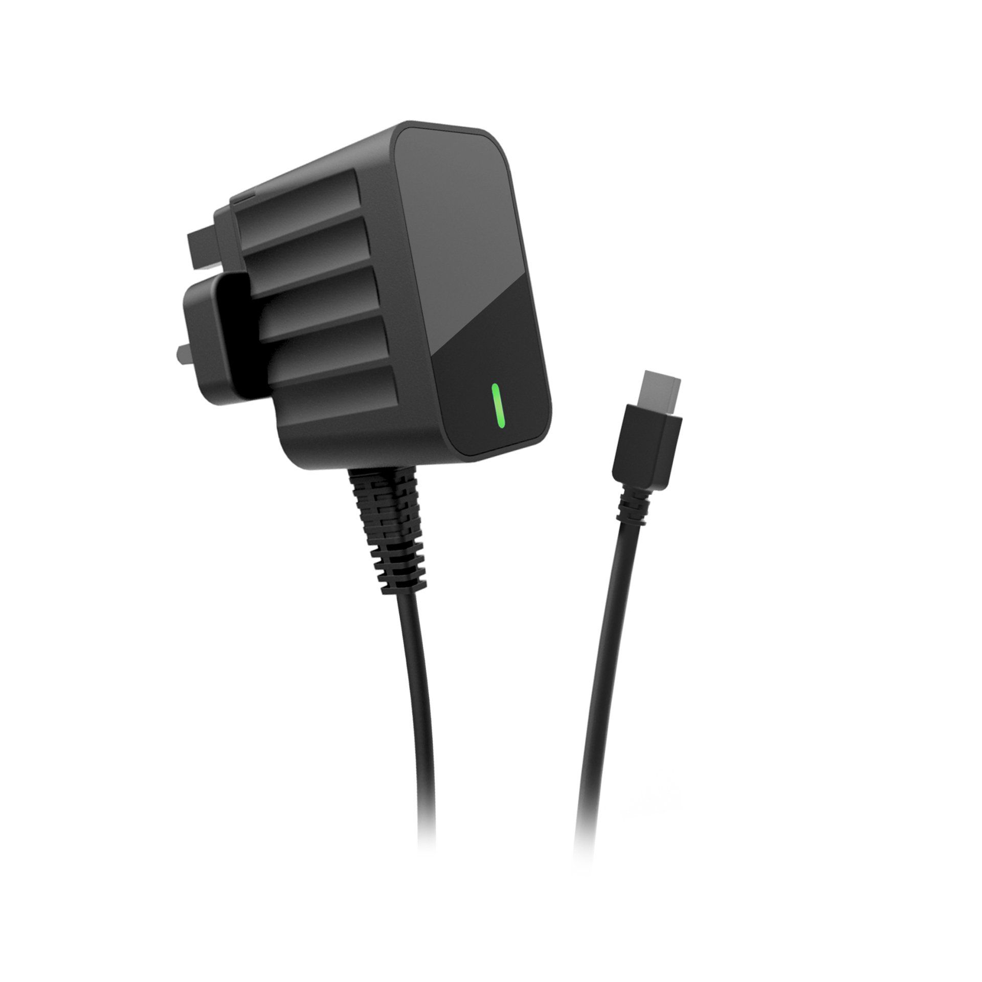 A black power supply with a cable attached to it on a white background.