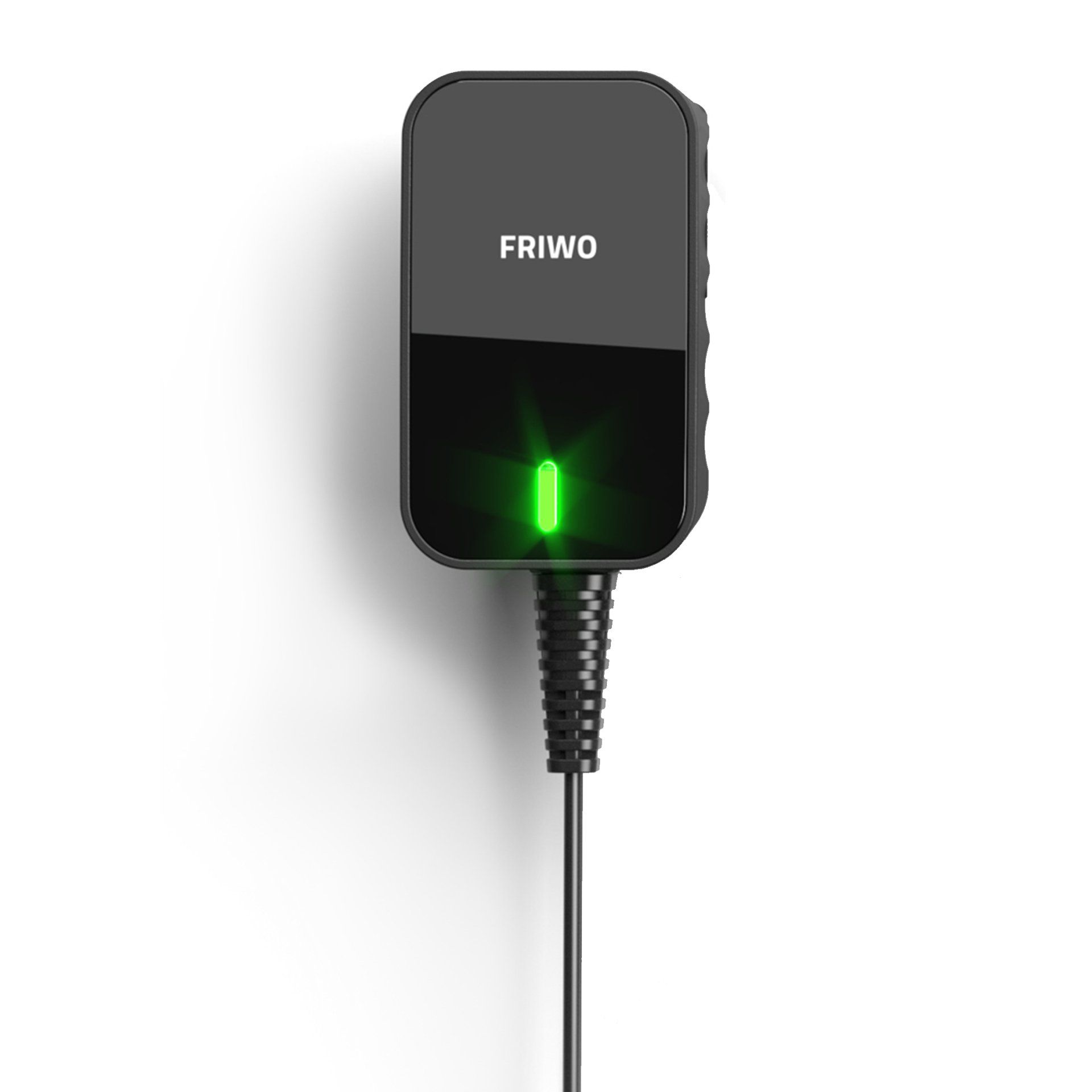 A friwo power supply with a green light on it is plugged into a wall.