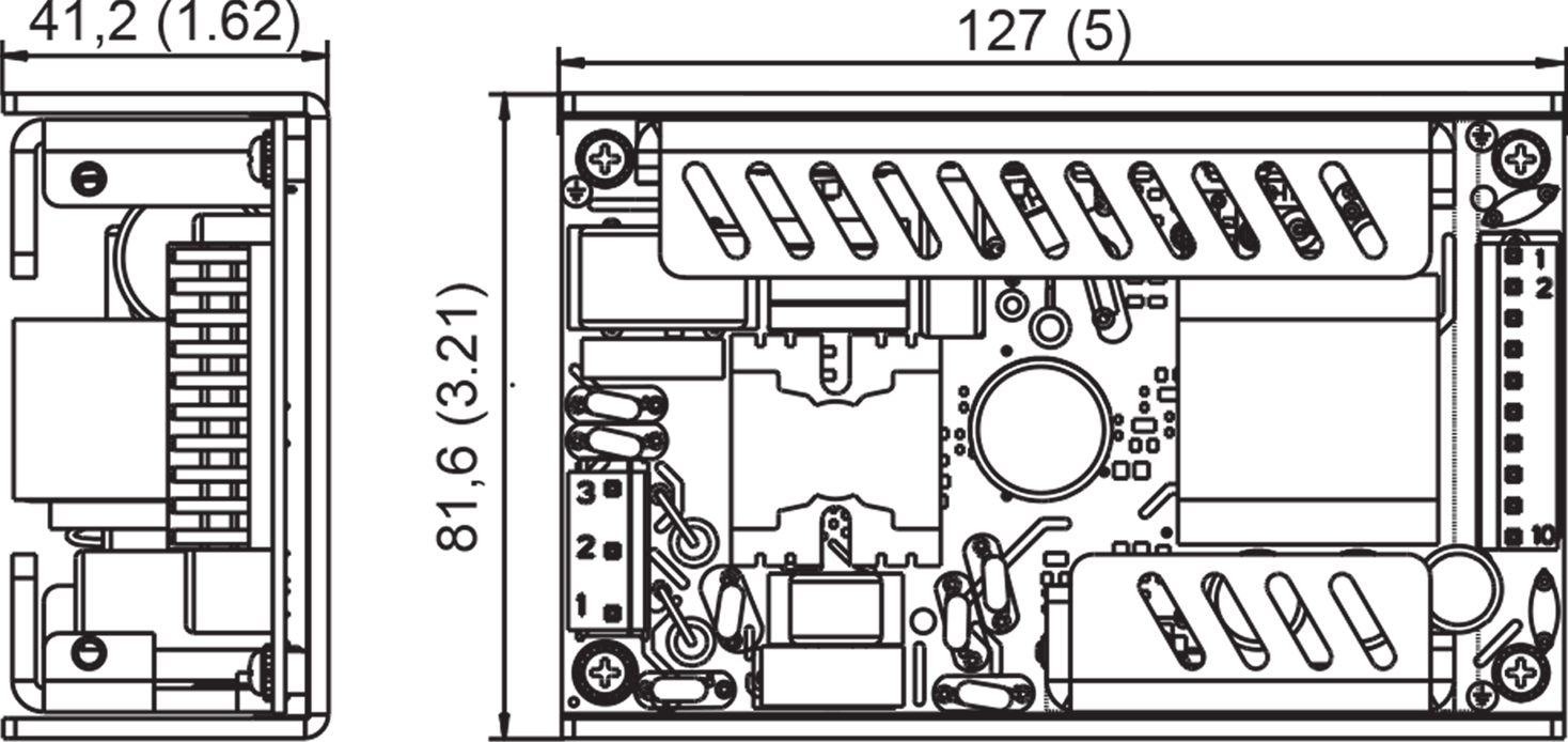 A black and white drawing of an open frame power supply with measurements.