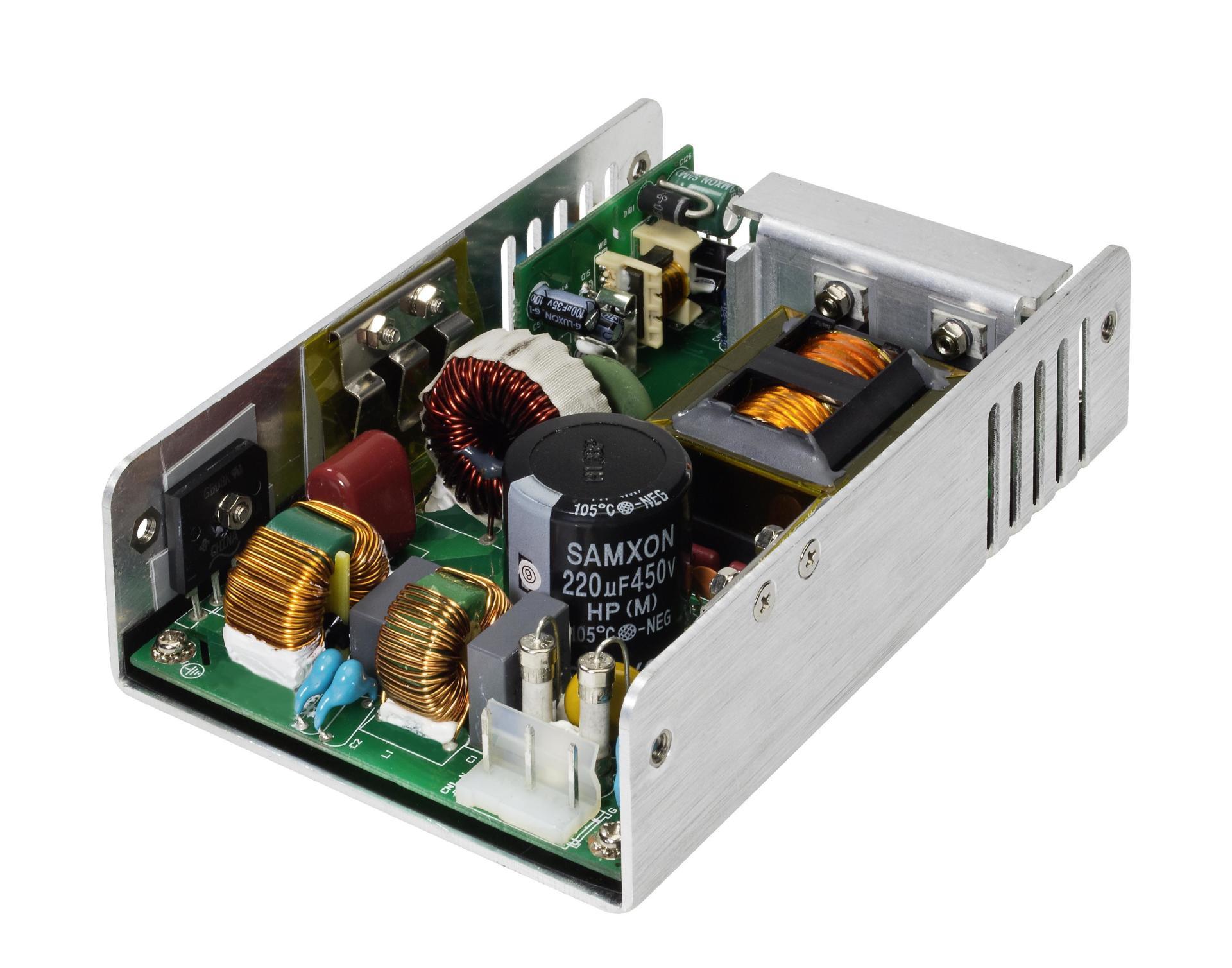 A close up 3d model of an open frame power supply on a white background.