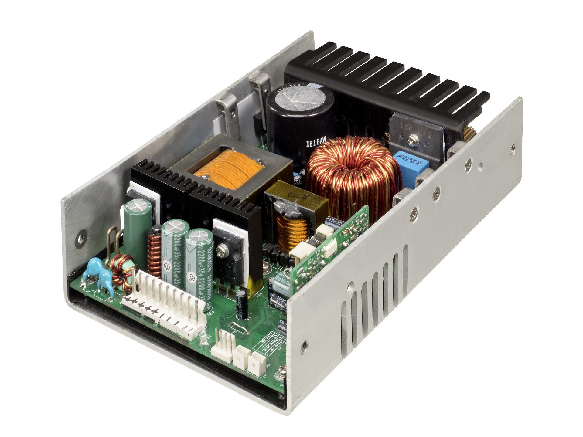 A close up 3d model of an open frame power supply on a white background.