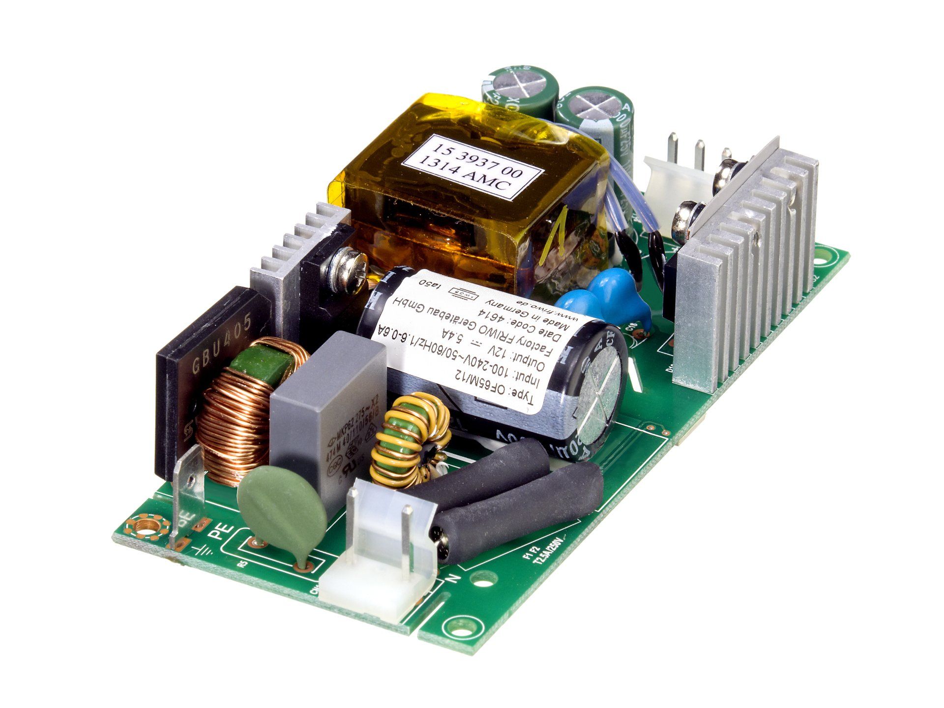 A close up 3d model of an open frame power supply on a white background.