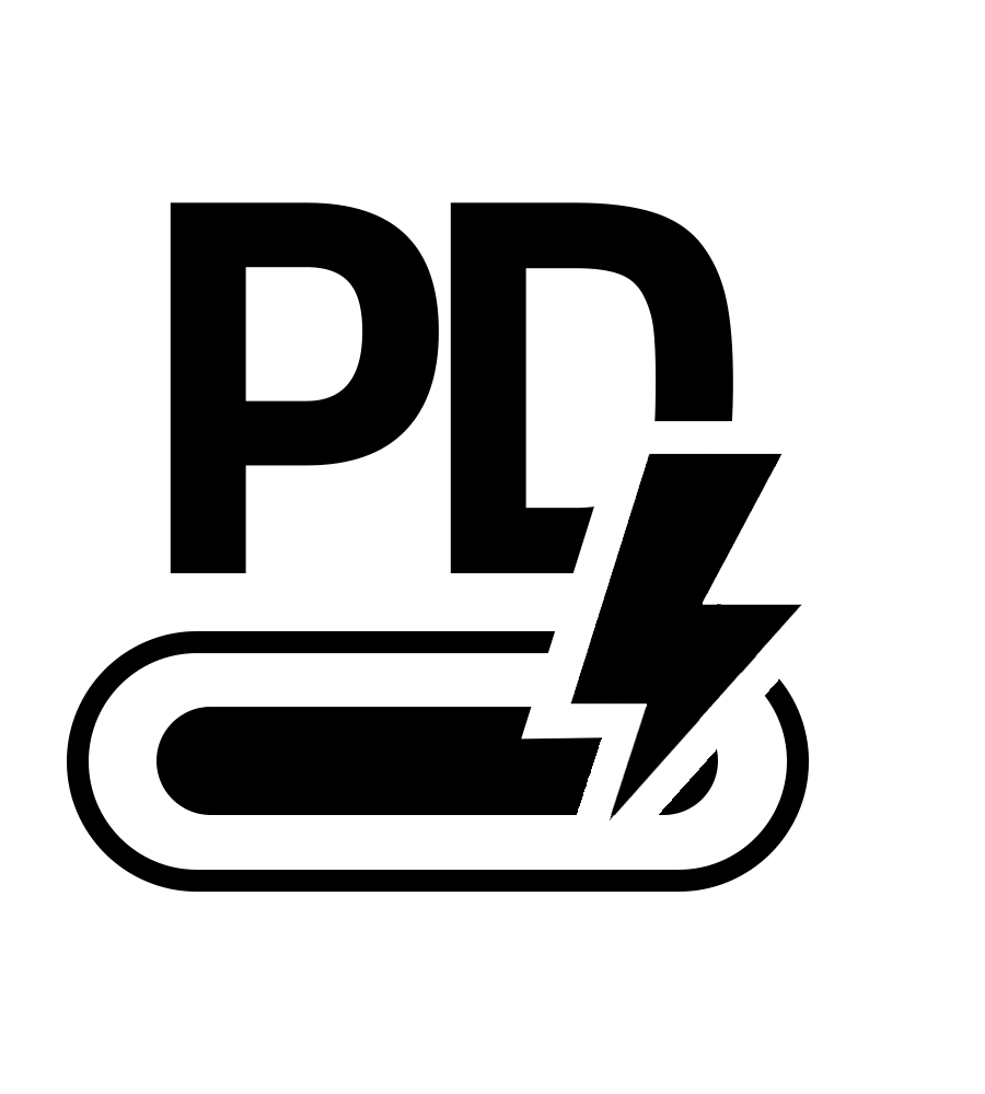 A black and white icon of a pd charging cable with a lightning bolt.