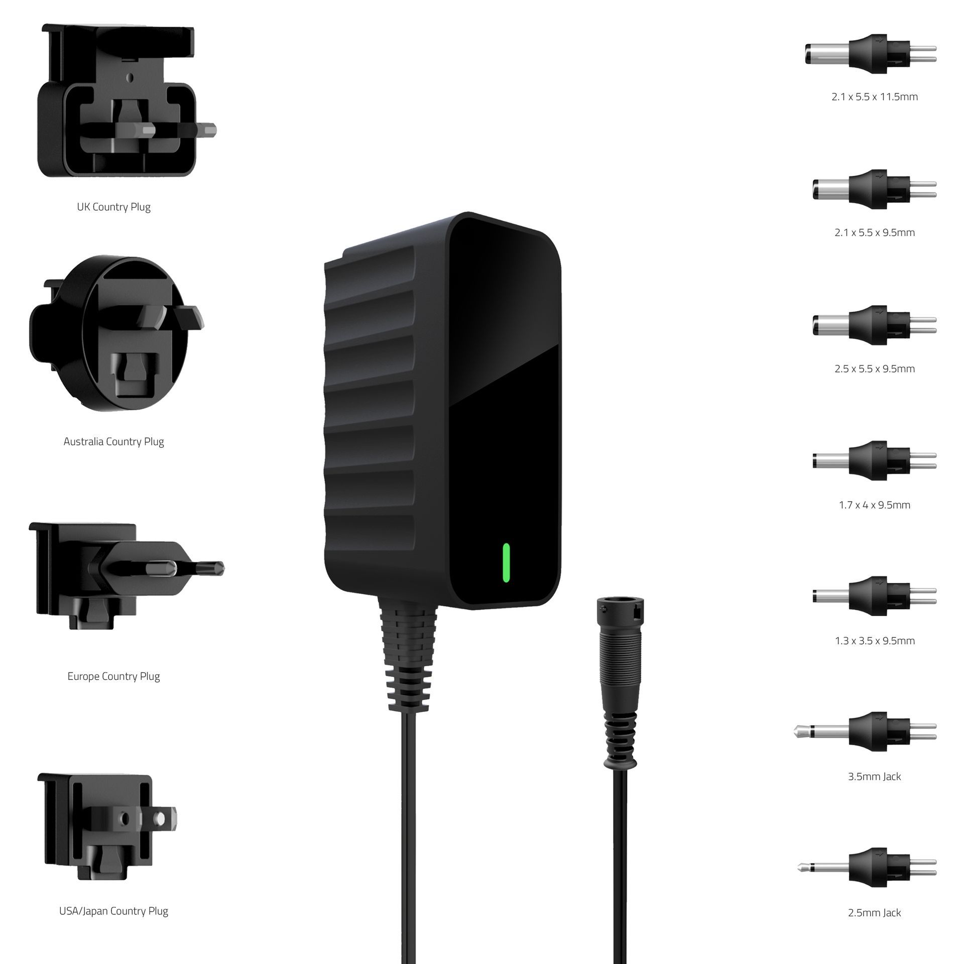 A power supply with a green light on it and a bunch of different types of plugs.