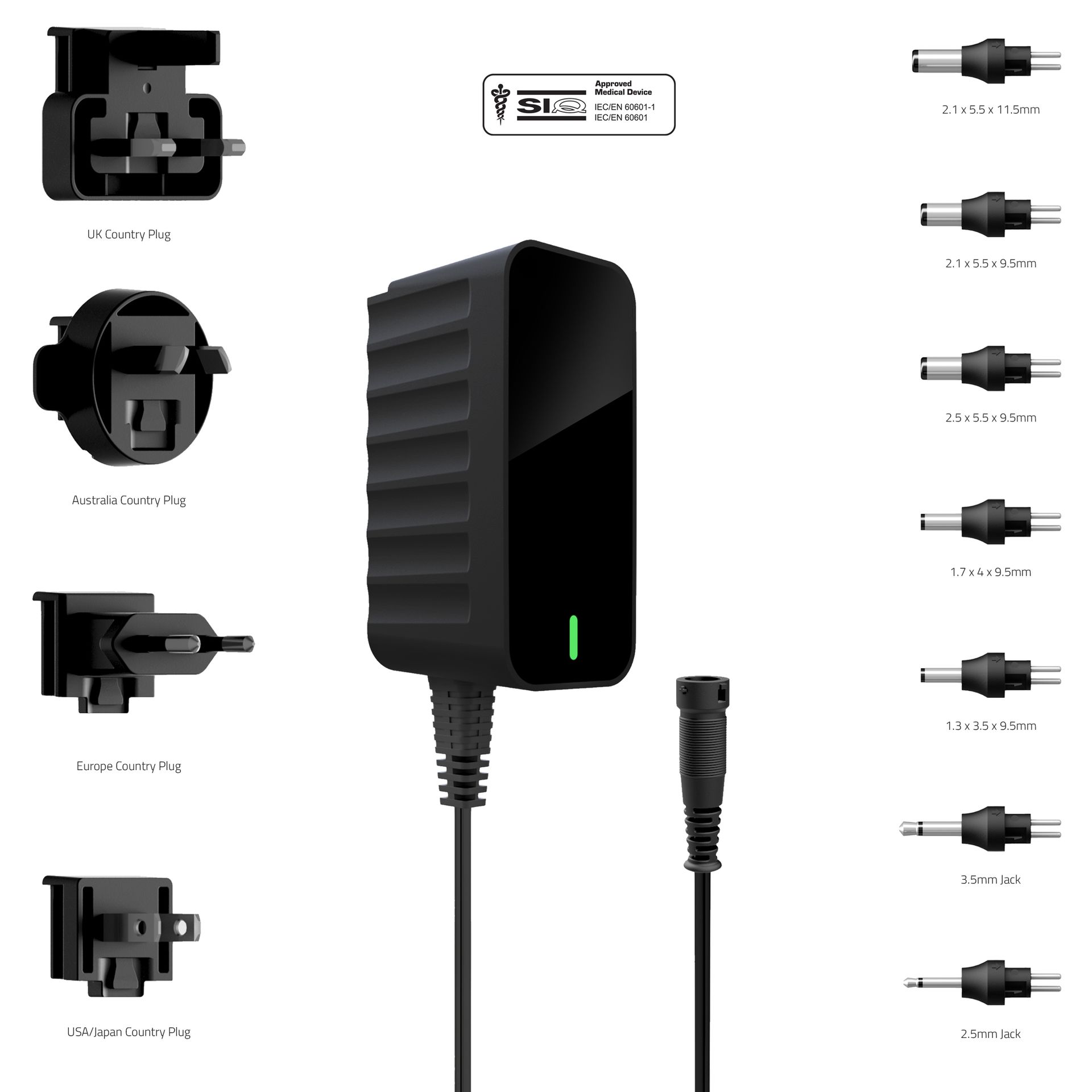 A power supply with a lot of different types of plugs attached to it.