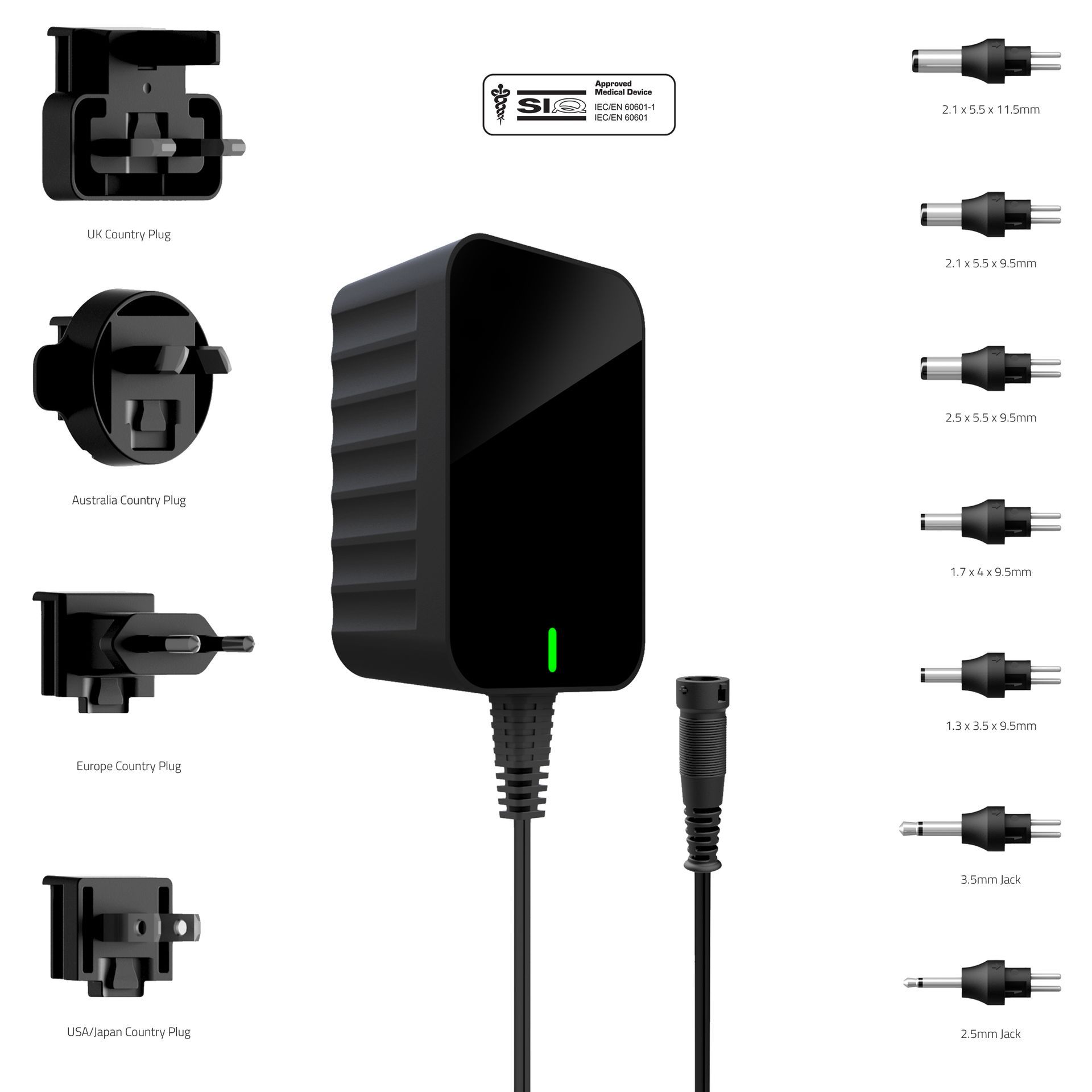 A power supply with a lot of different types of plugs attached to it.