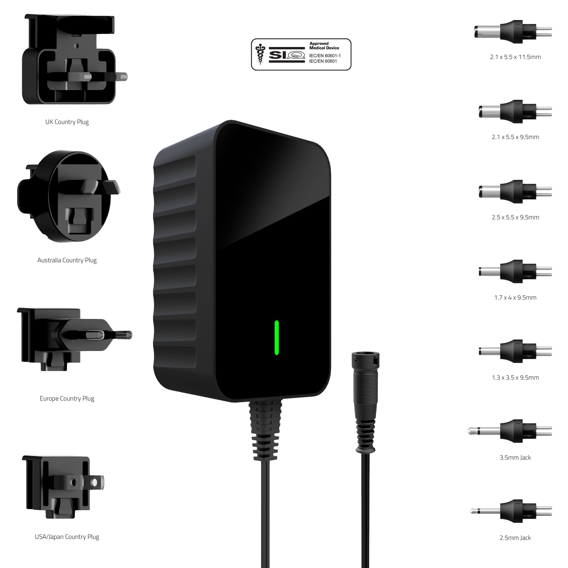 A power supply with a lot of different types of plugs attached to it.