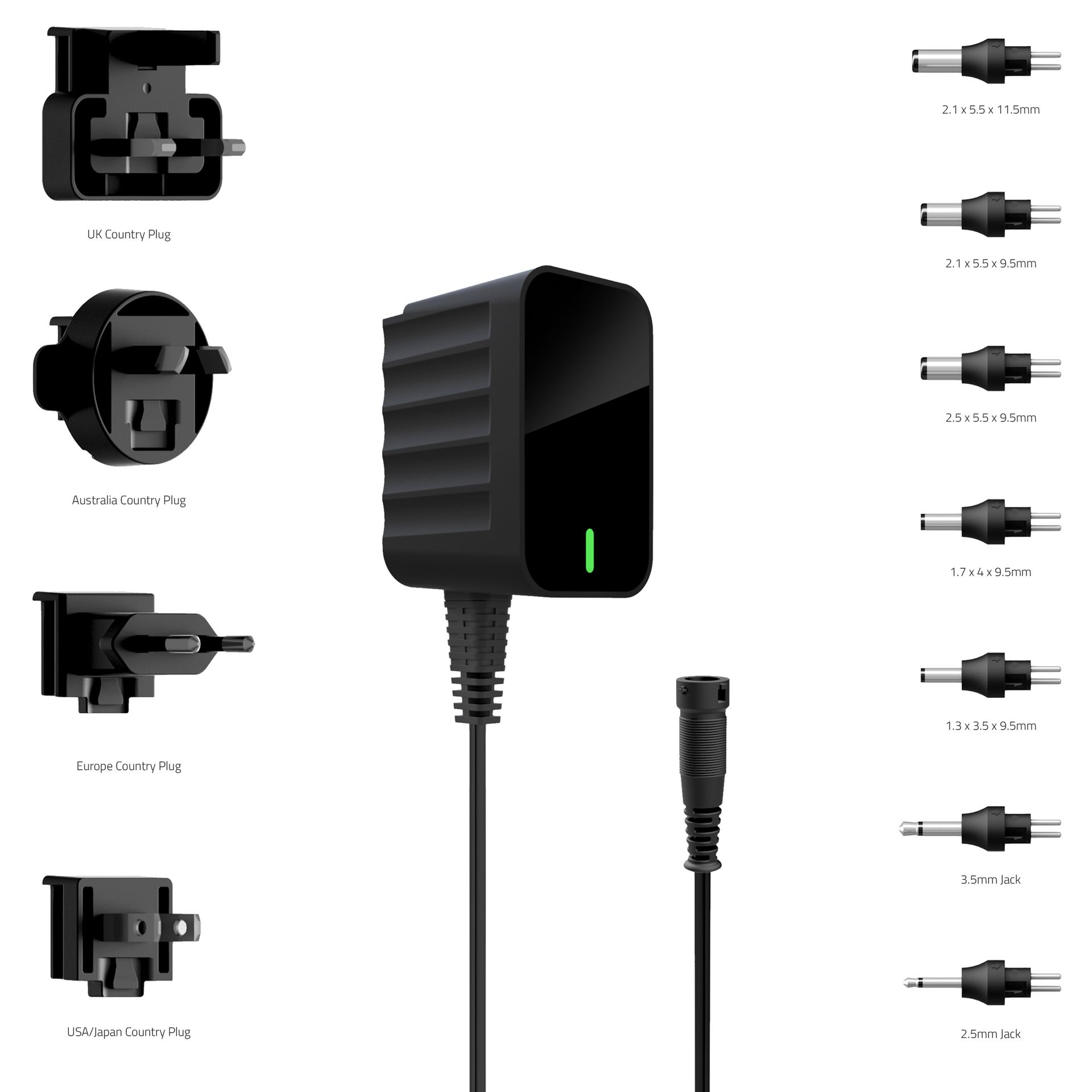 A power supply with a lot of different types of plugs attached to it.