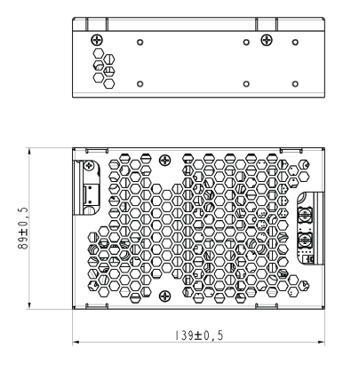 A black and white drawing of an open frame power supply with measurements.