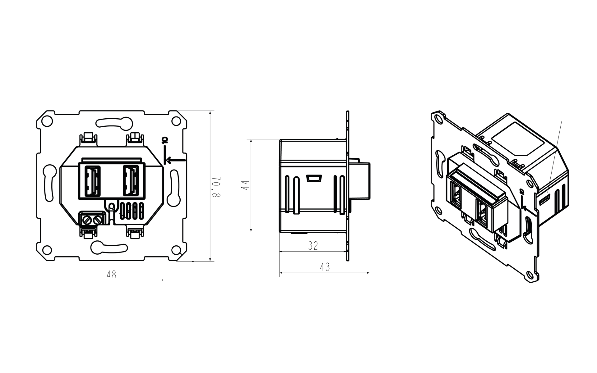 A black and white drawing of a power supply with measurements on a white background.