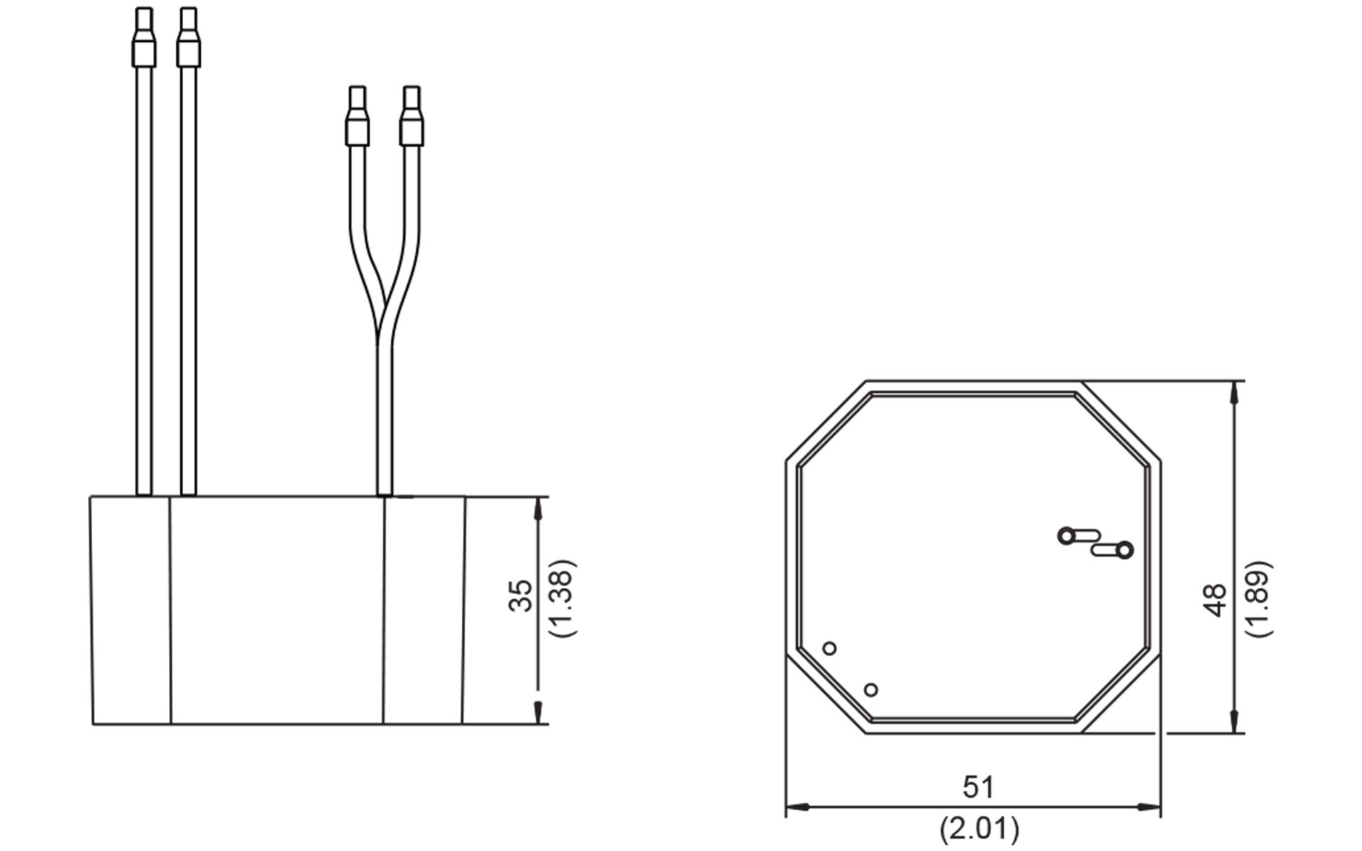 A black and white drawing of a power supply with measurements on a white background.