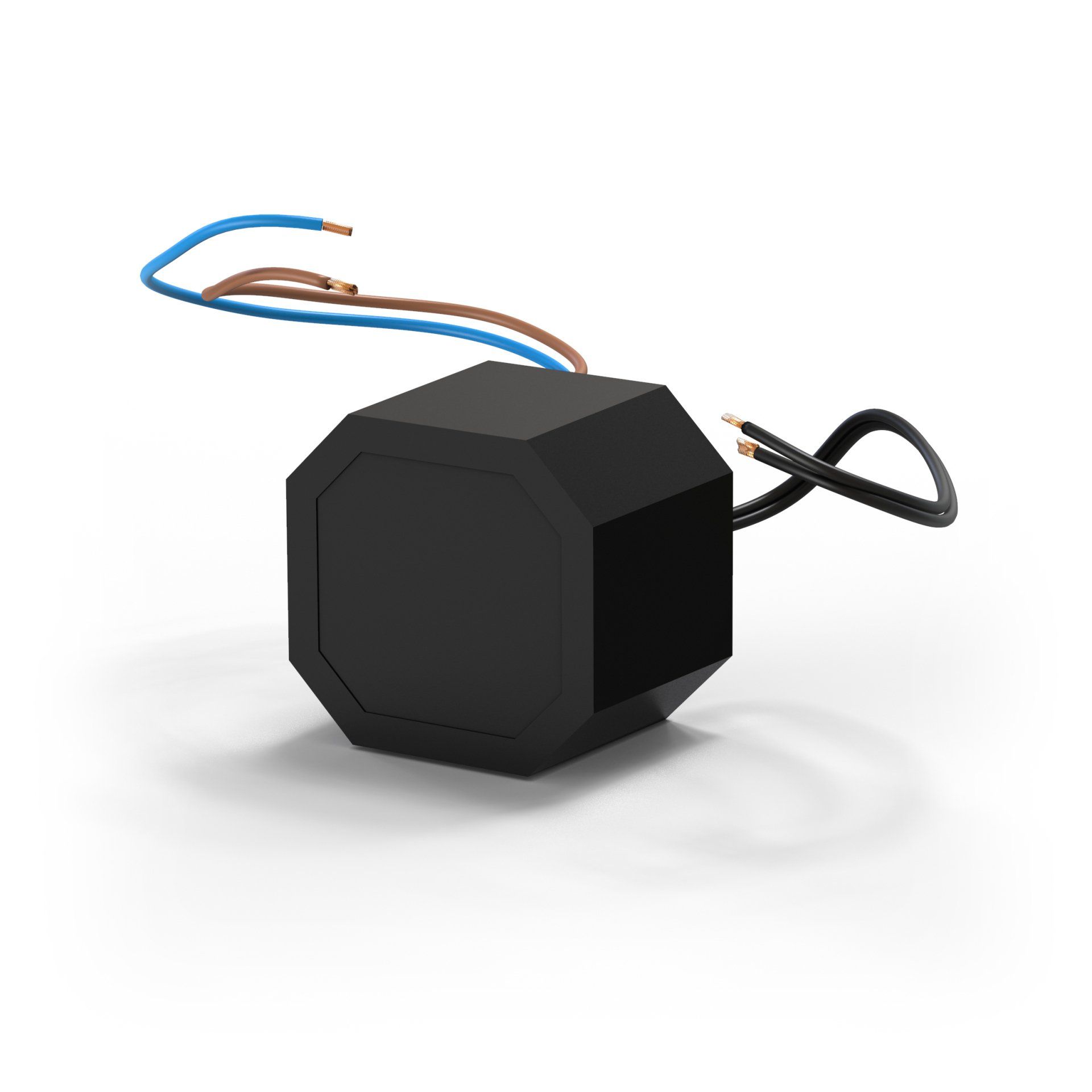 A black waterproof power supply with wires attached to it is sitting on a white surface.