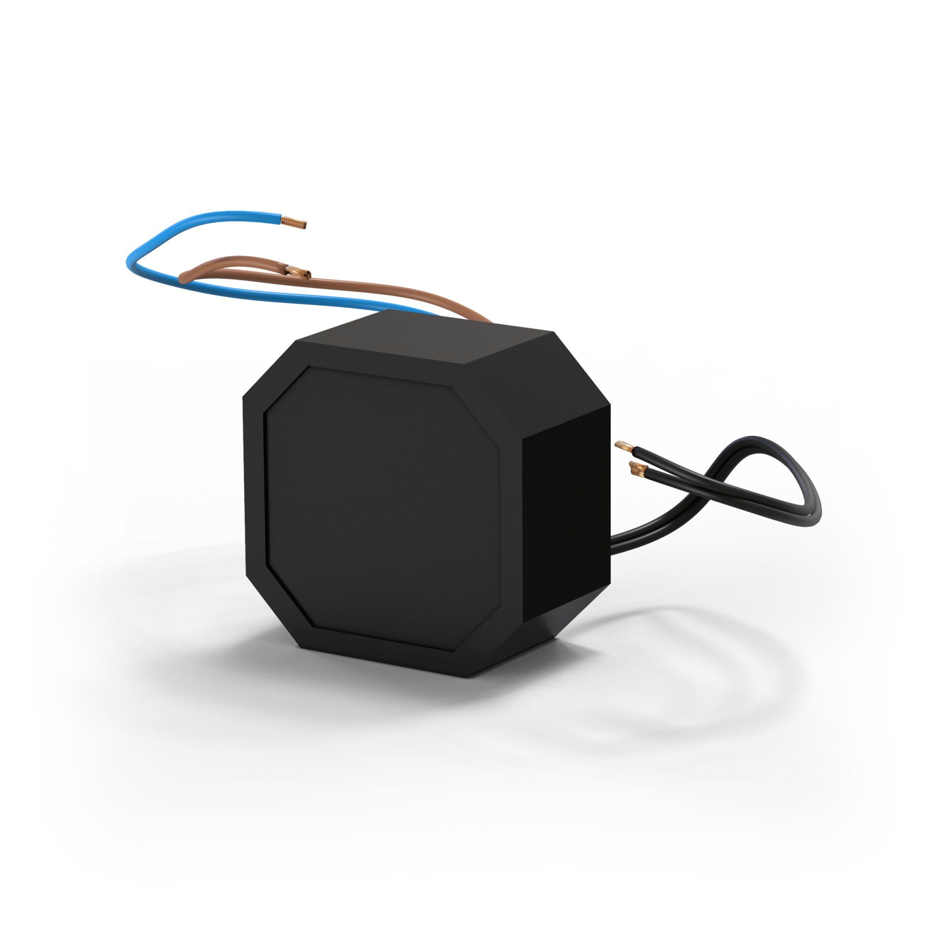 A black waterproof power supply with wires attached to it is sitting on a white surface.