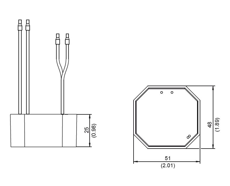 A black and white drawing of a power supply with measurements on a white background.