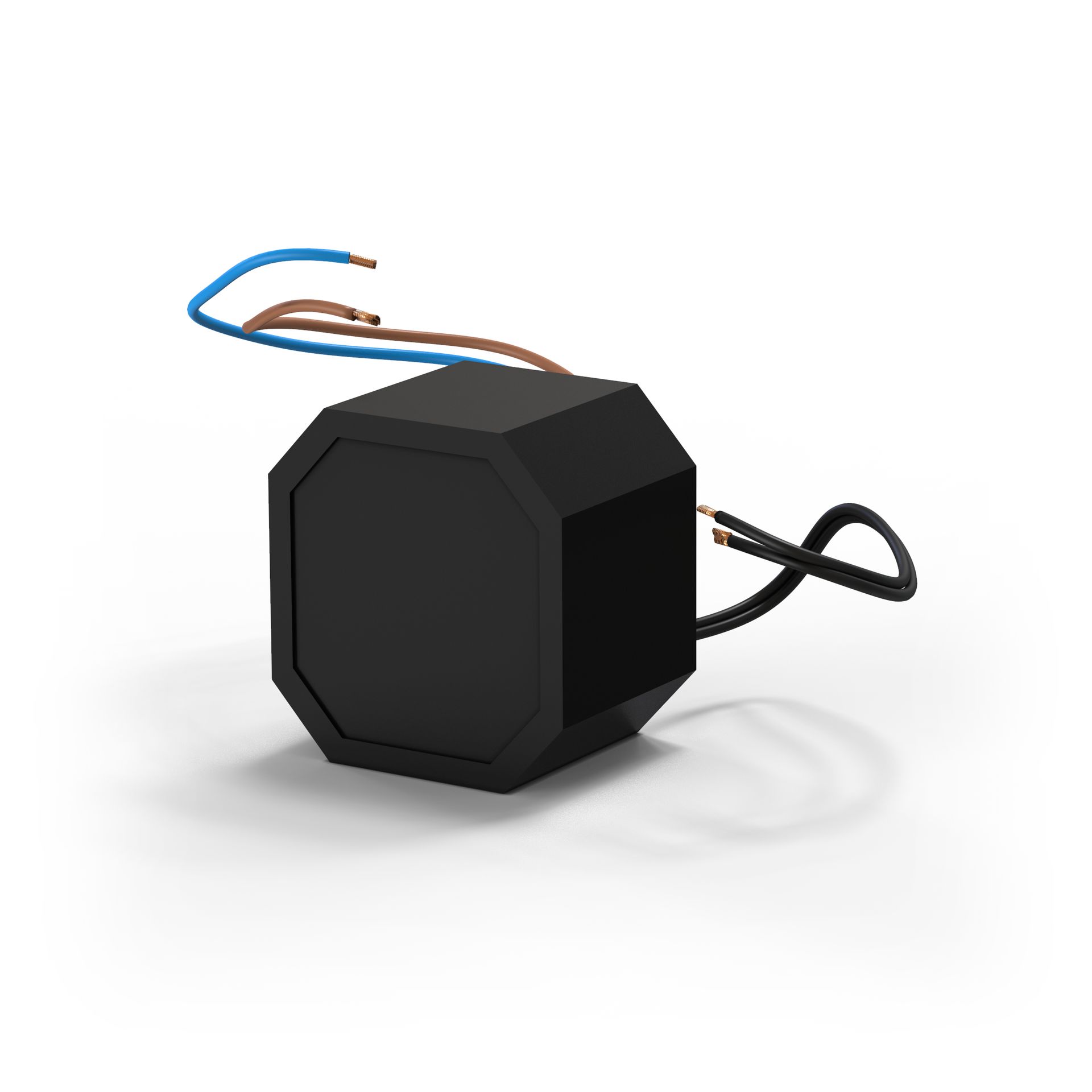 A black waterproof power supply with wires attached to it is sitting on a white surface.