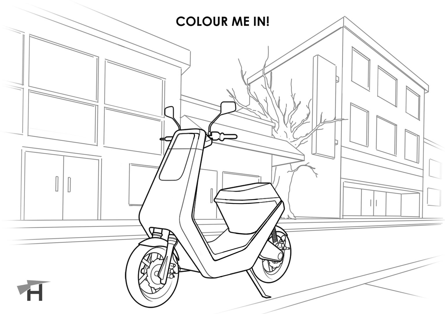 A black and white drawing of a scooter in front of a building.