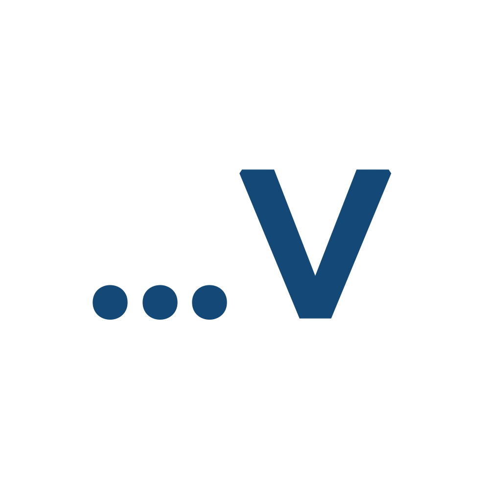 A blue letter v with three dots on a white background.