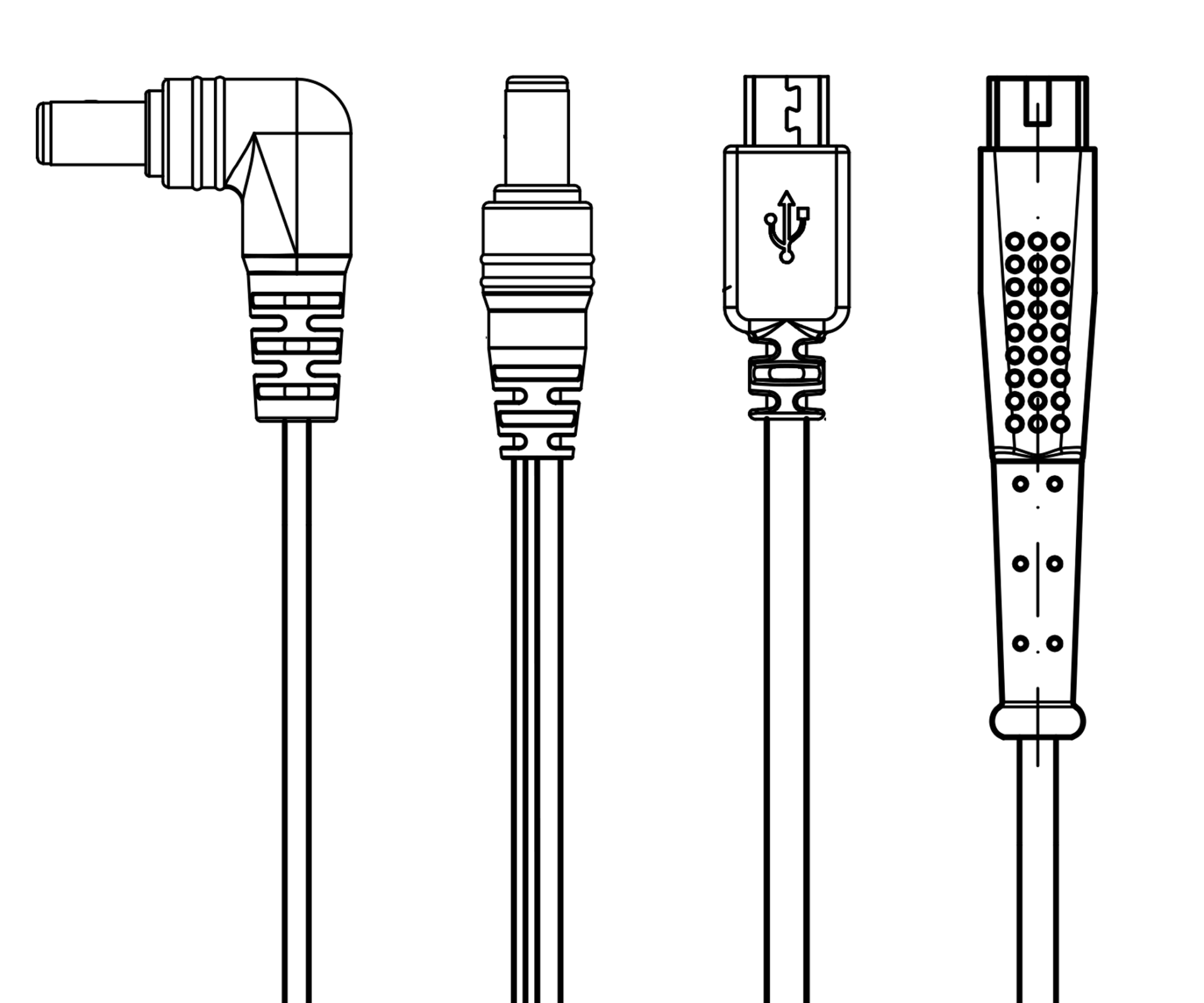 A black and white drawing of four different types of DC cables.