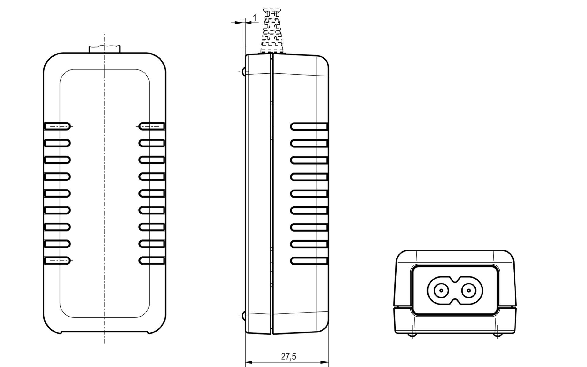A black and white drawing of a power supply with measurements on a white background.