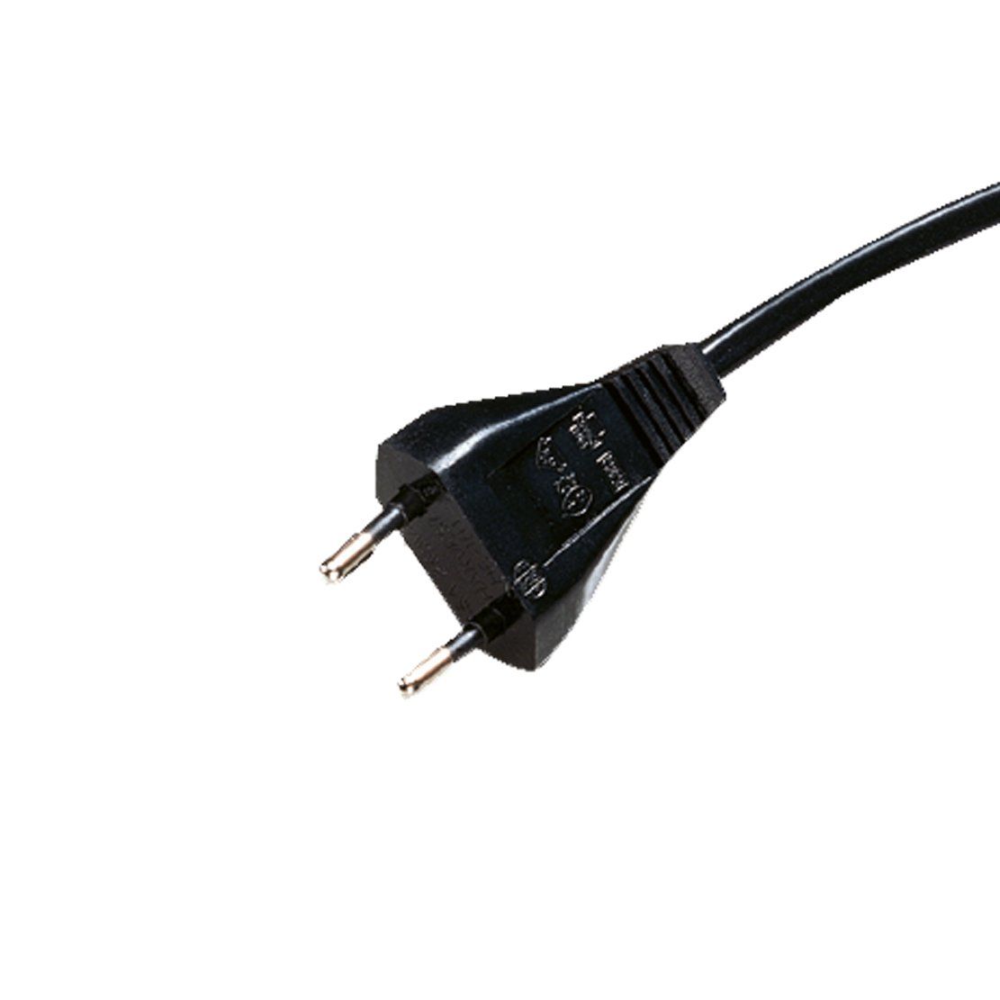A close up of a black plug on a white background