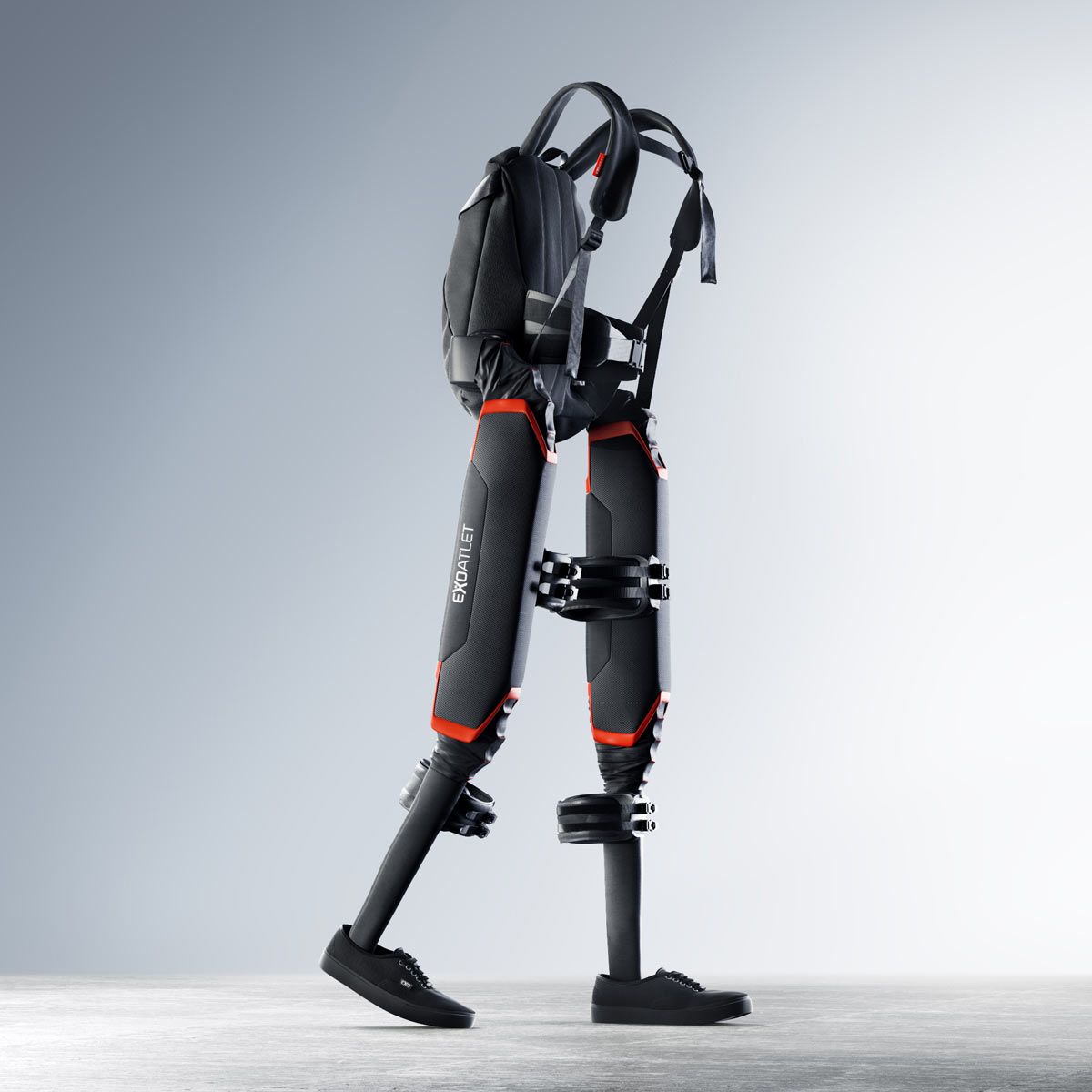 An exoskeleton  with a backpack on it
