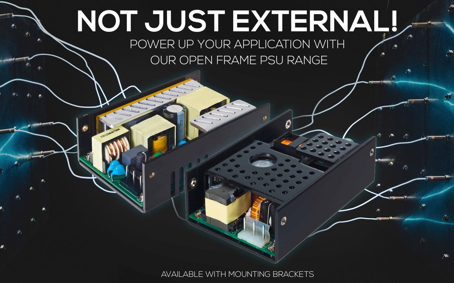 A picture of an open frame power supply that says not just external