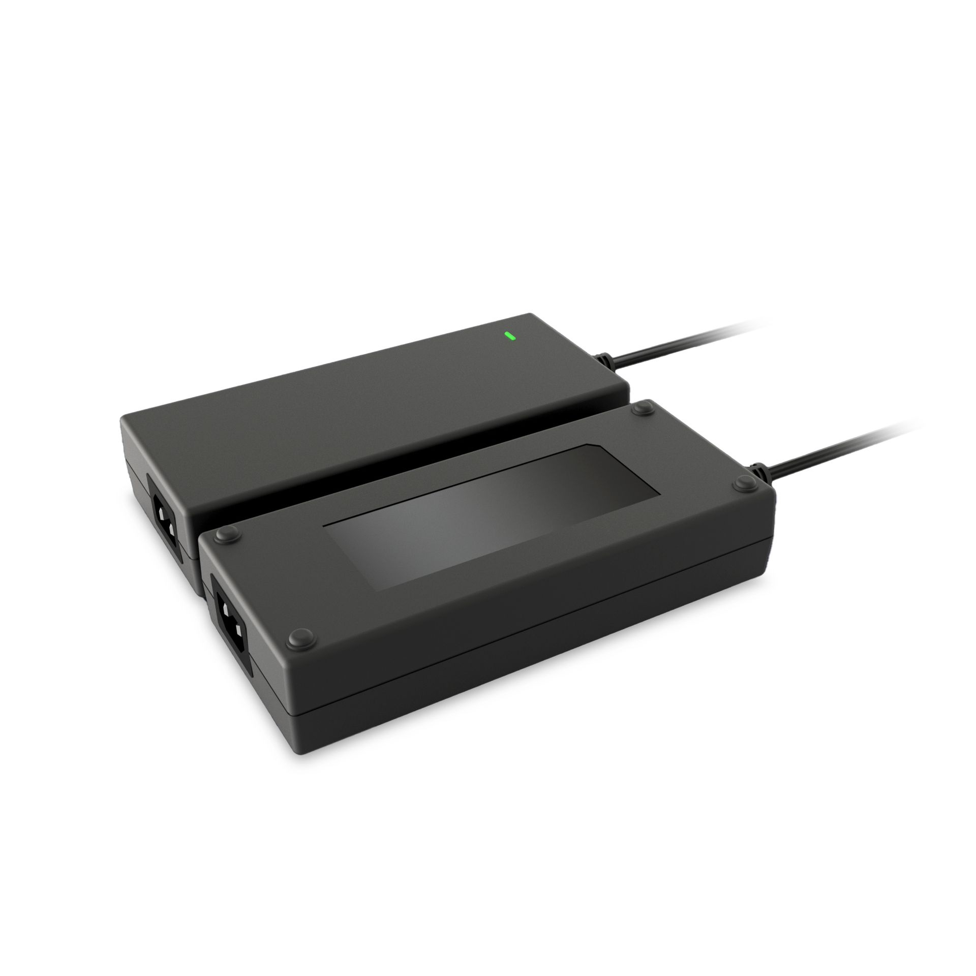 A black power supply is sitting on a white surface