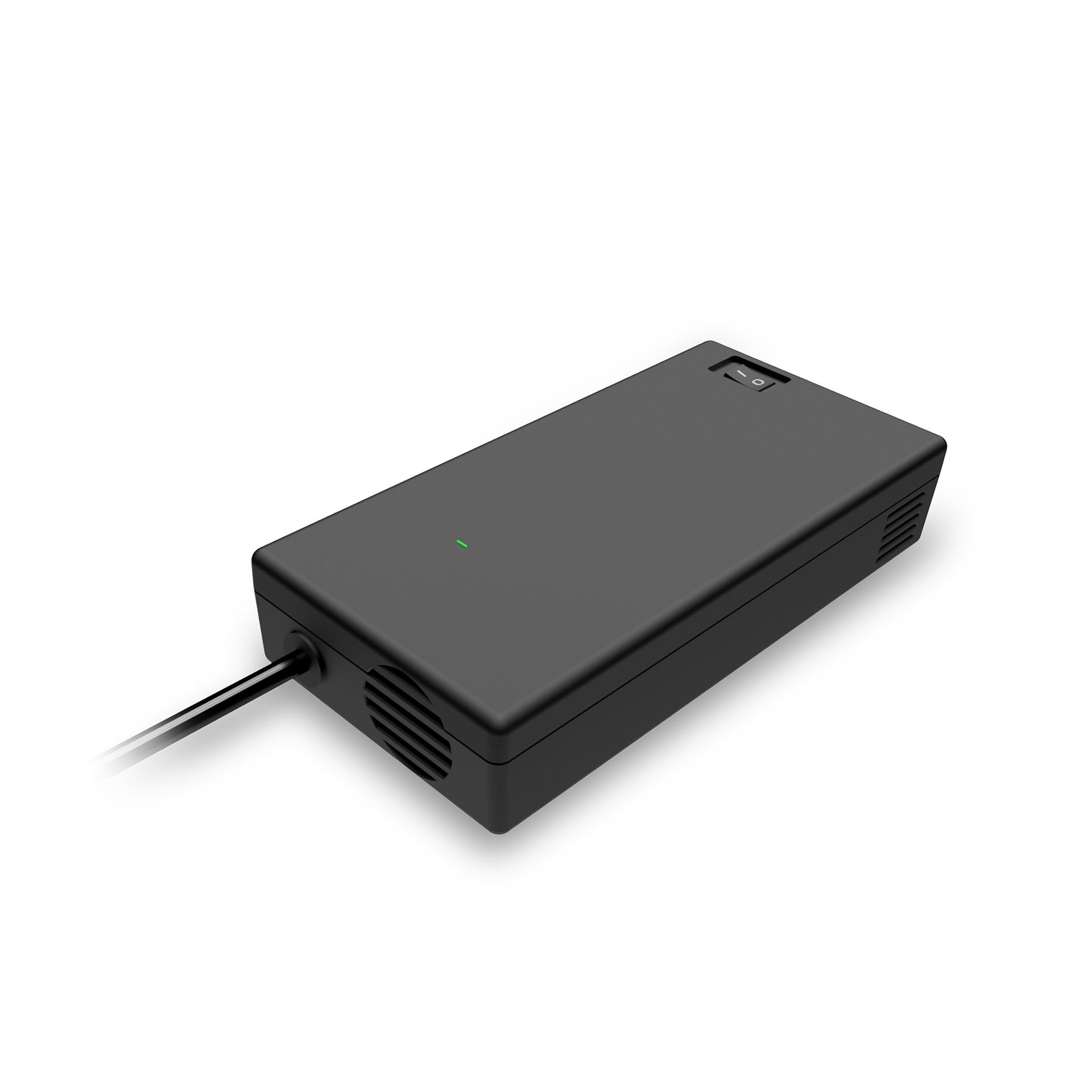 A black power supply is sitting on a white surface