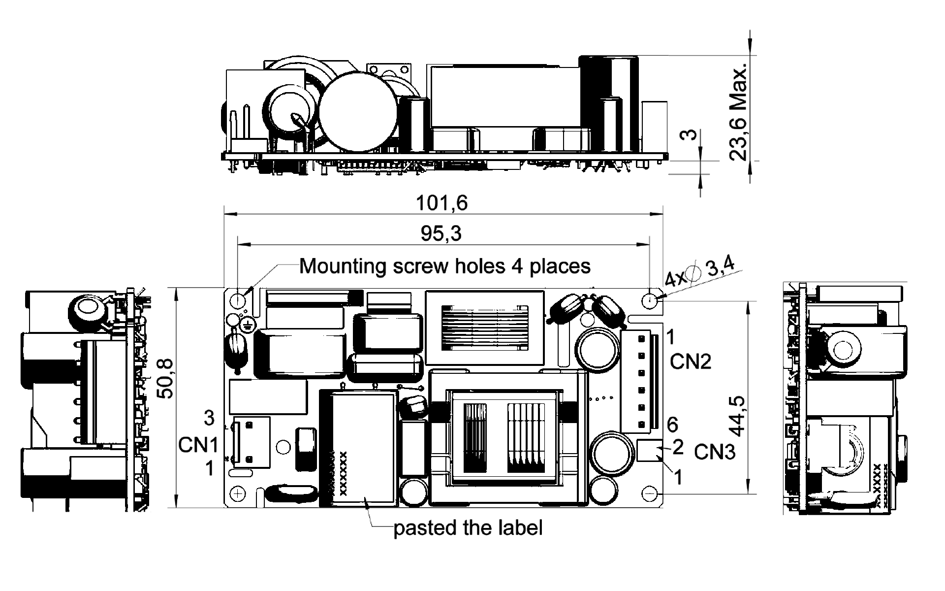 A black and white drawing of an open frame power supply with measurements.