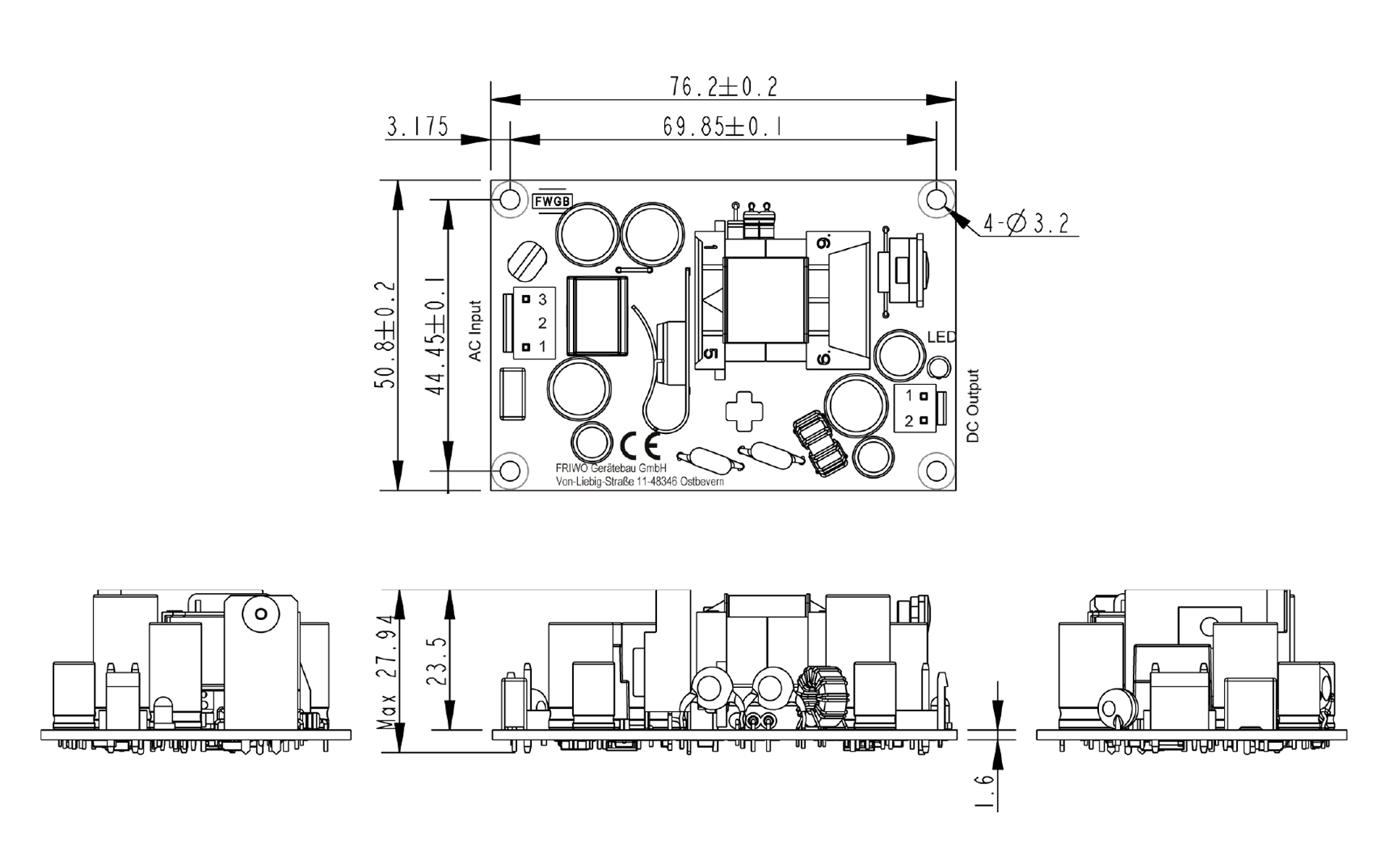 A black and white drawing of an open frame power supply with measurements.