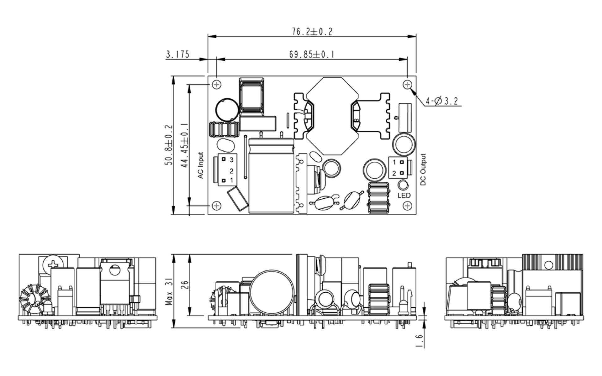 A black and white drawing of an open frame power supply with measurements.