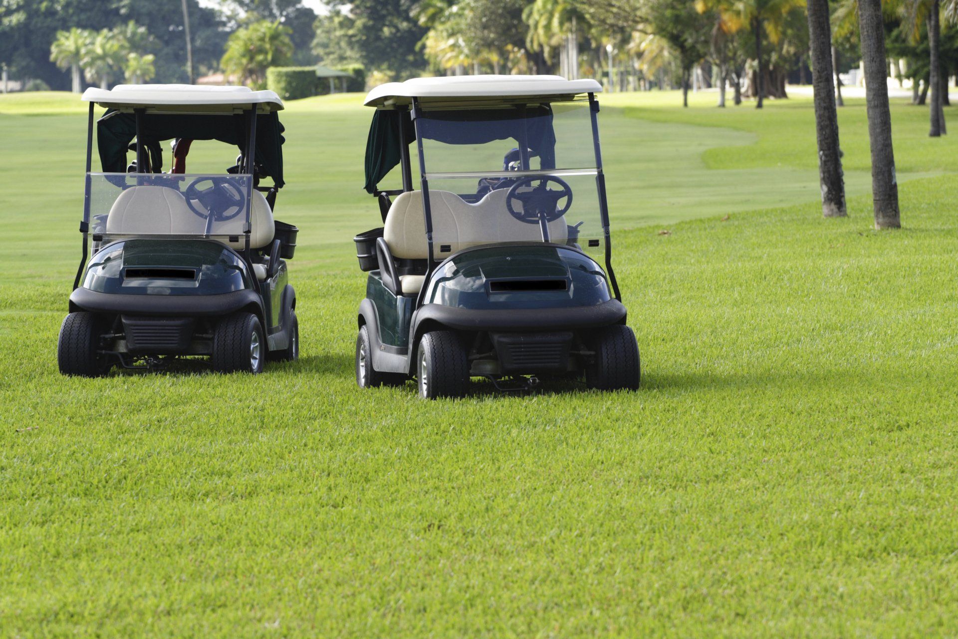 Two golf carts are parked in the grass on a golf course