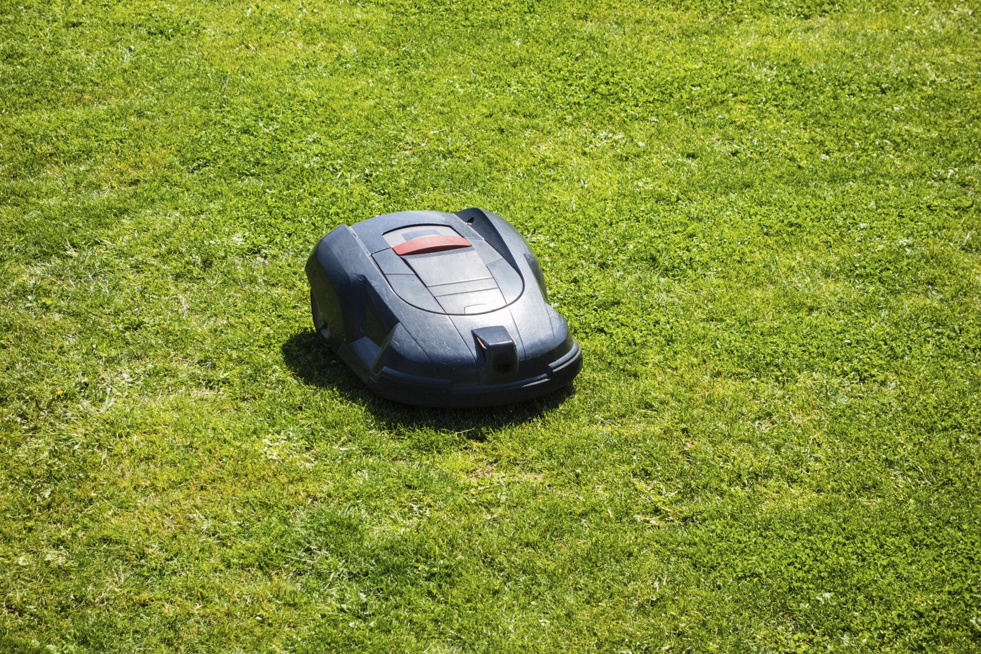A robotic lawn mower is sitting on top of a lush green lawn.