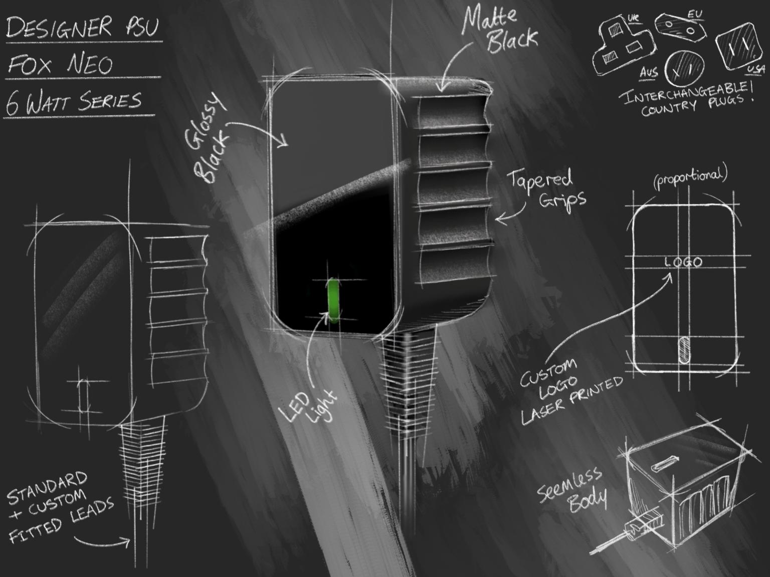 A blackboard with drawings of a power supply called fox neo