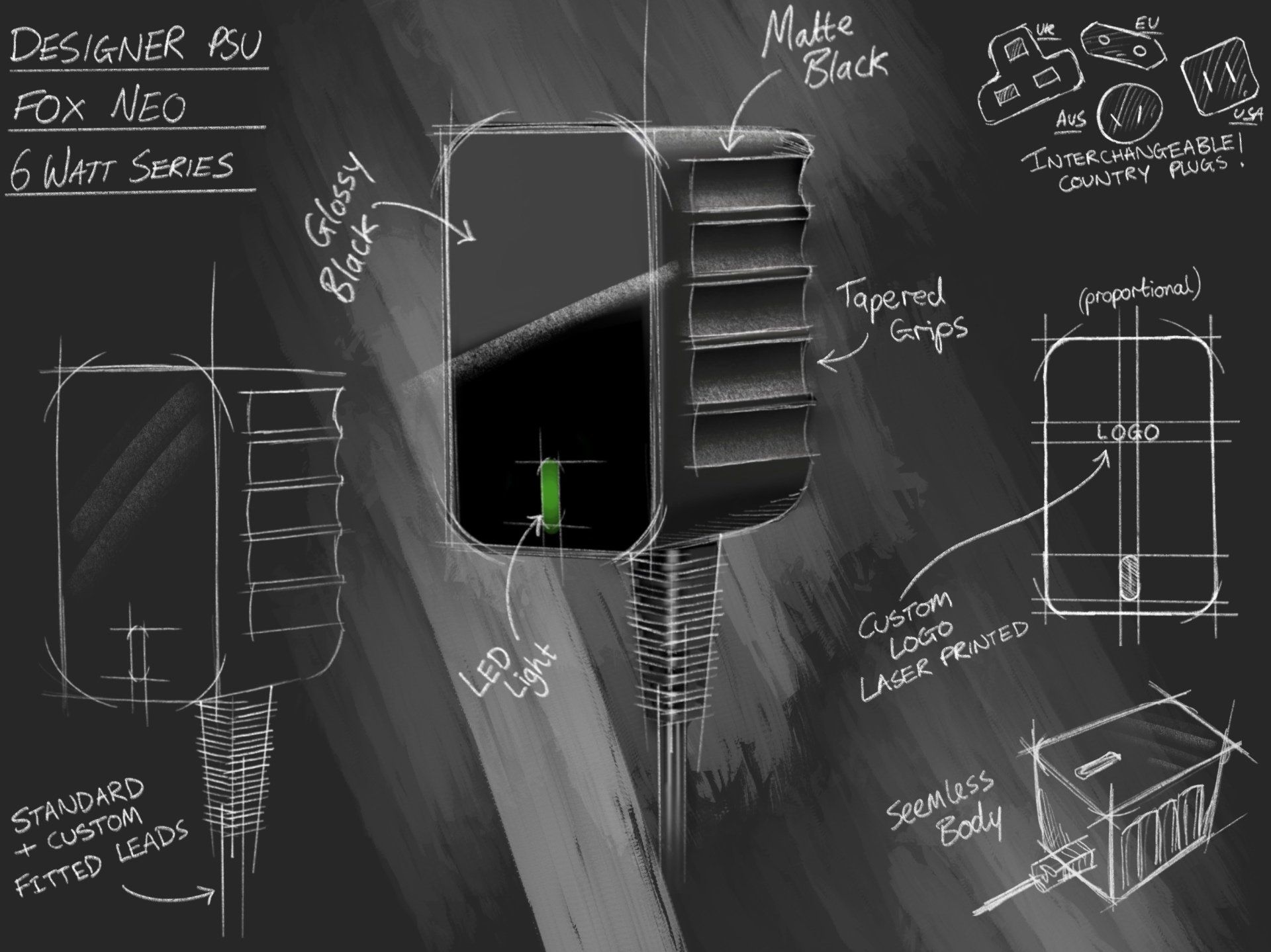 A black and white drawing of a device that says ' matte black ' on it