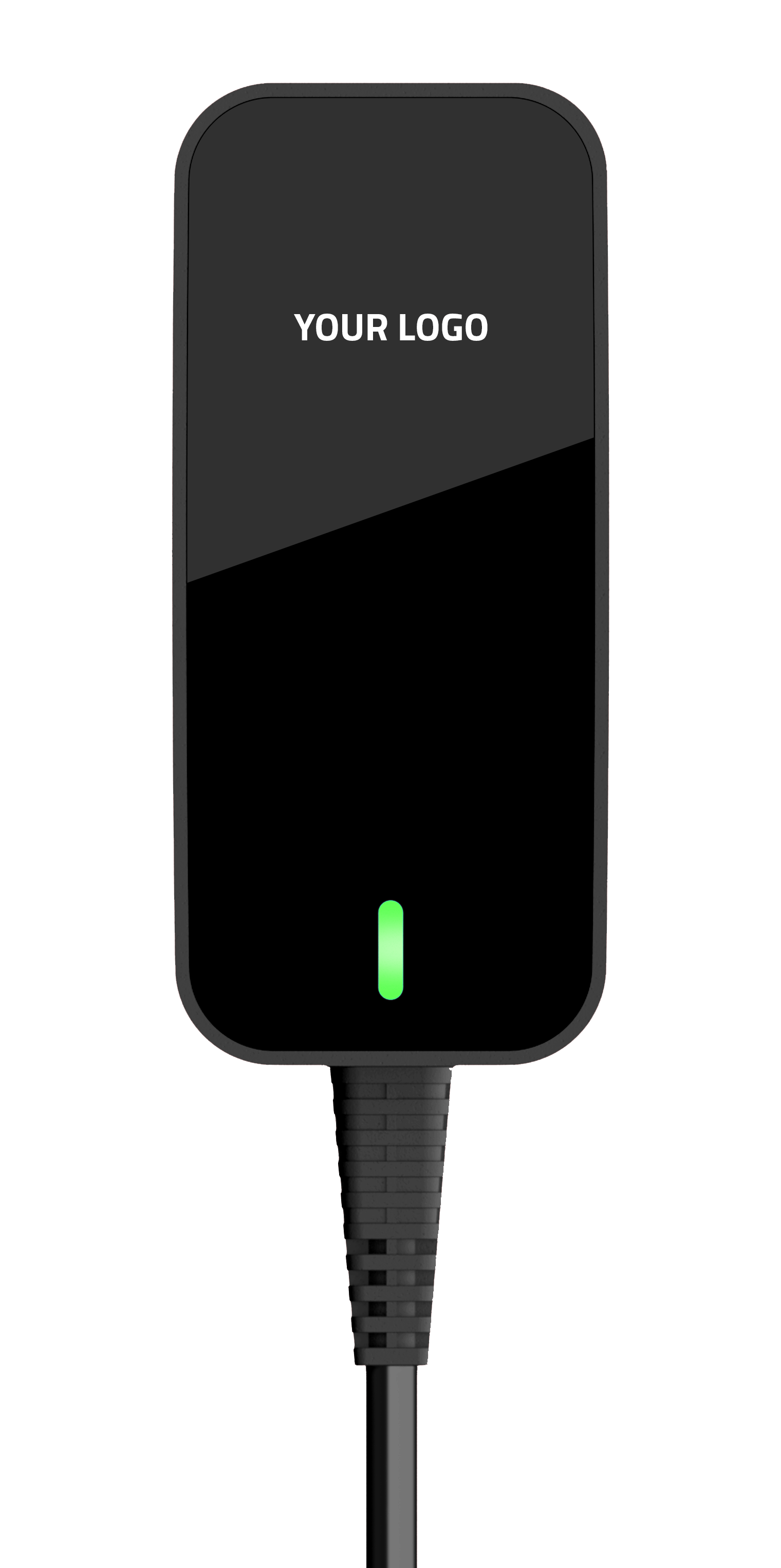 A black power supply charger with a green light on it.