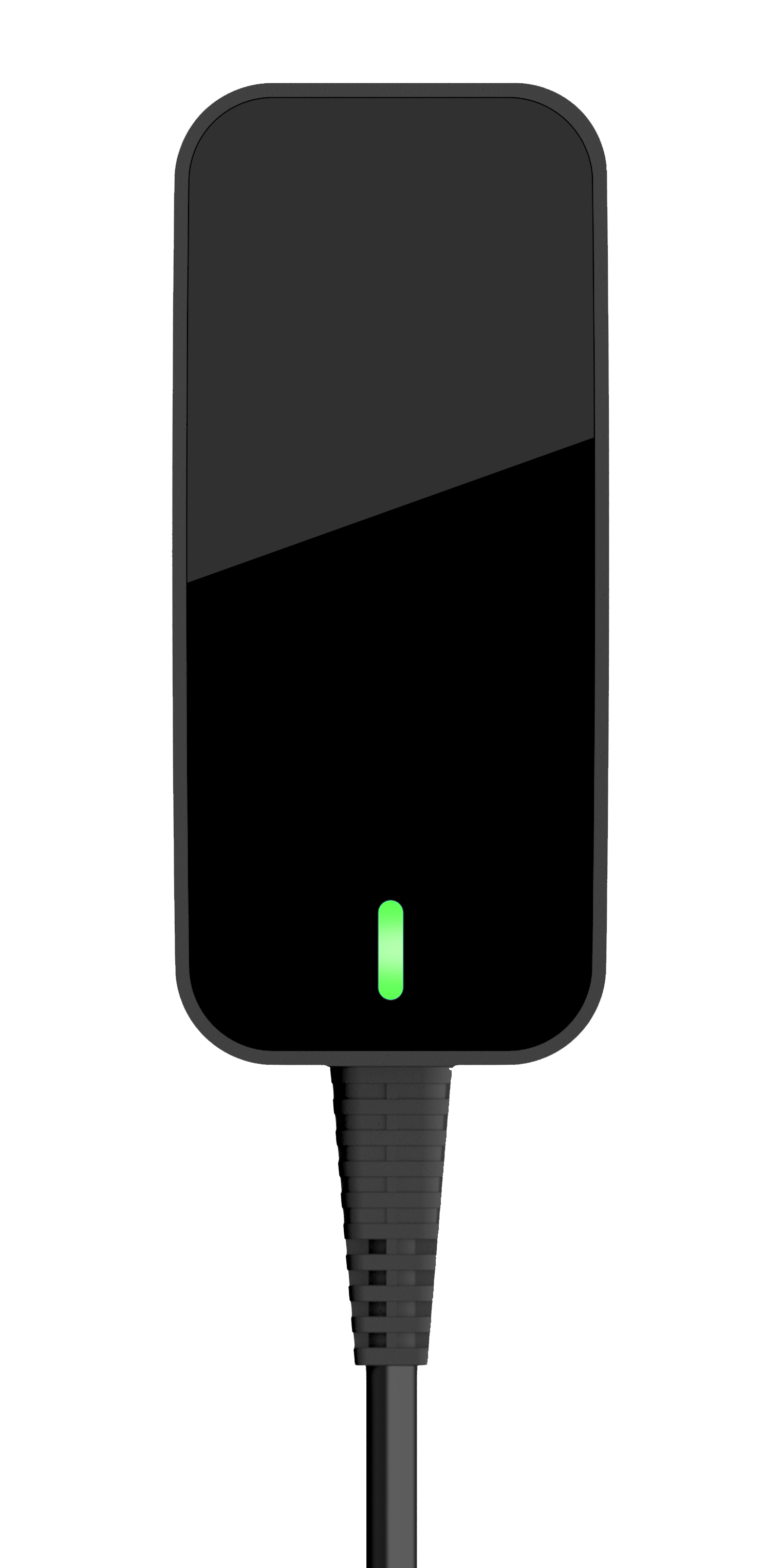 A black power supply charger with a green light on it.