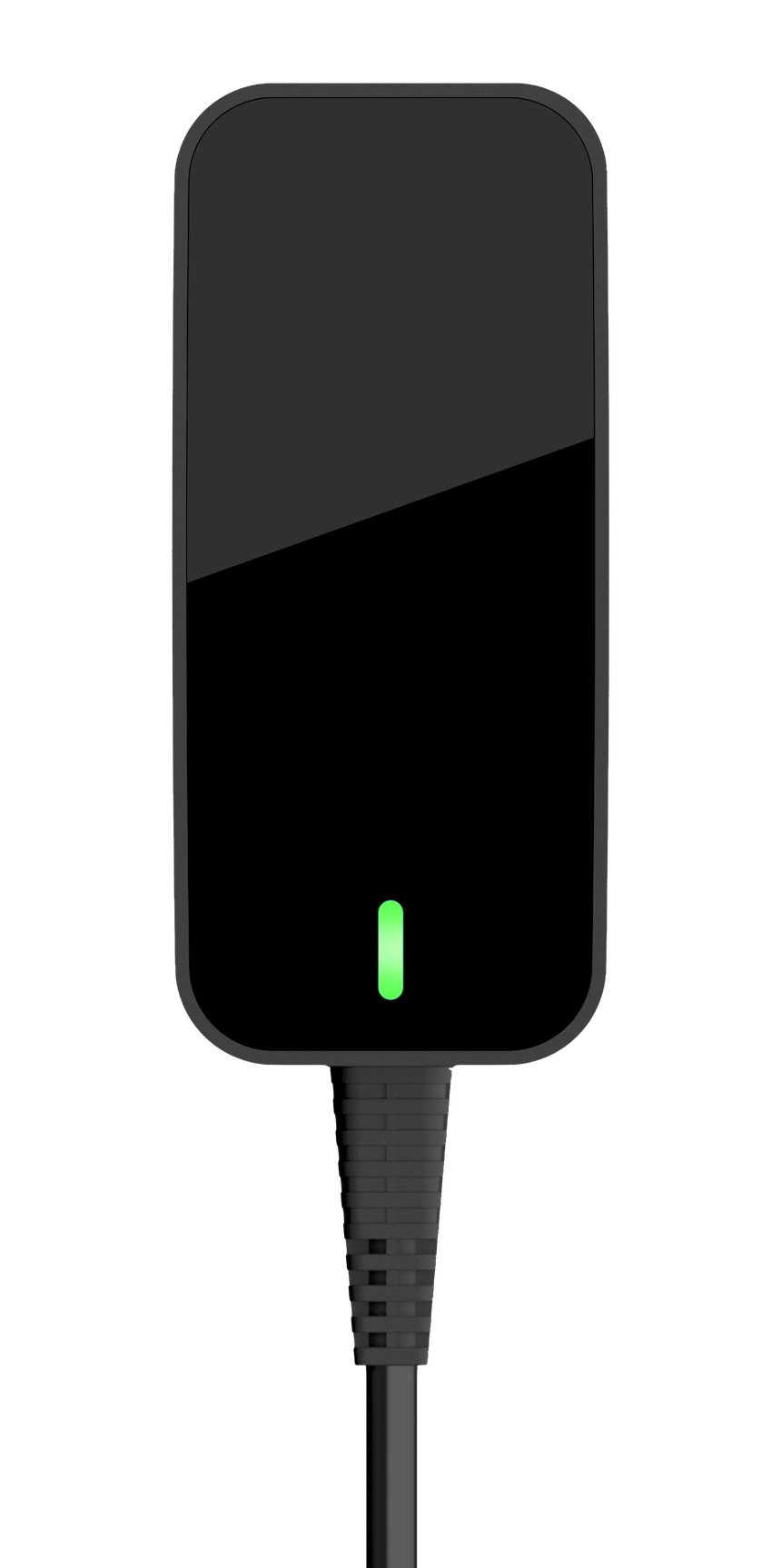 A black power supply with a green light on it.