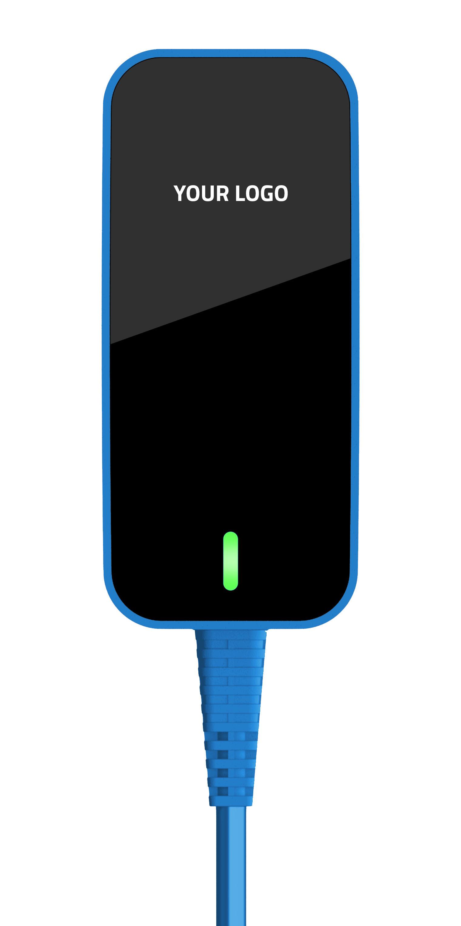 A black power supply charger with a green light on it and blue trim.