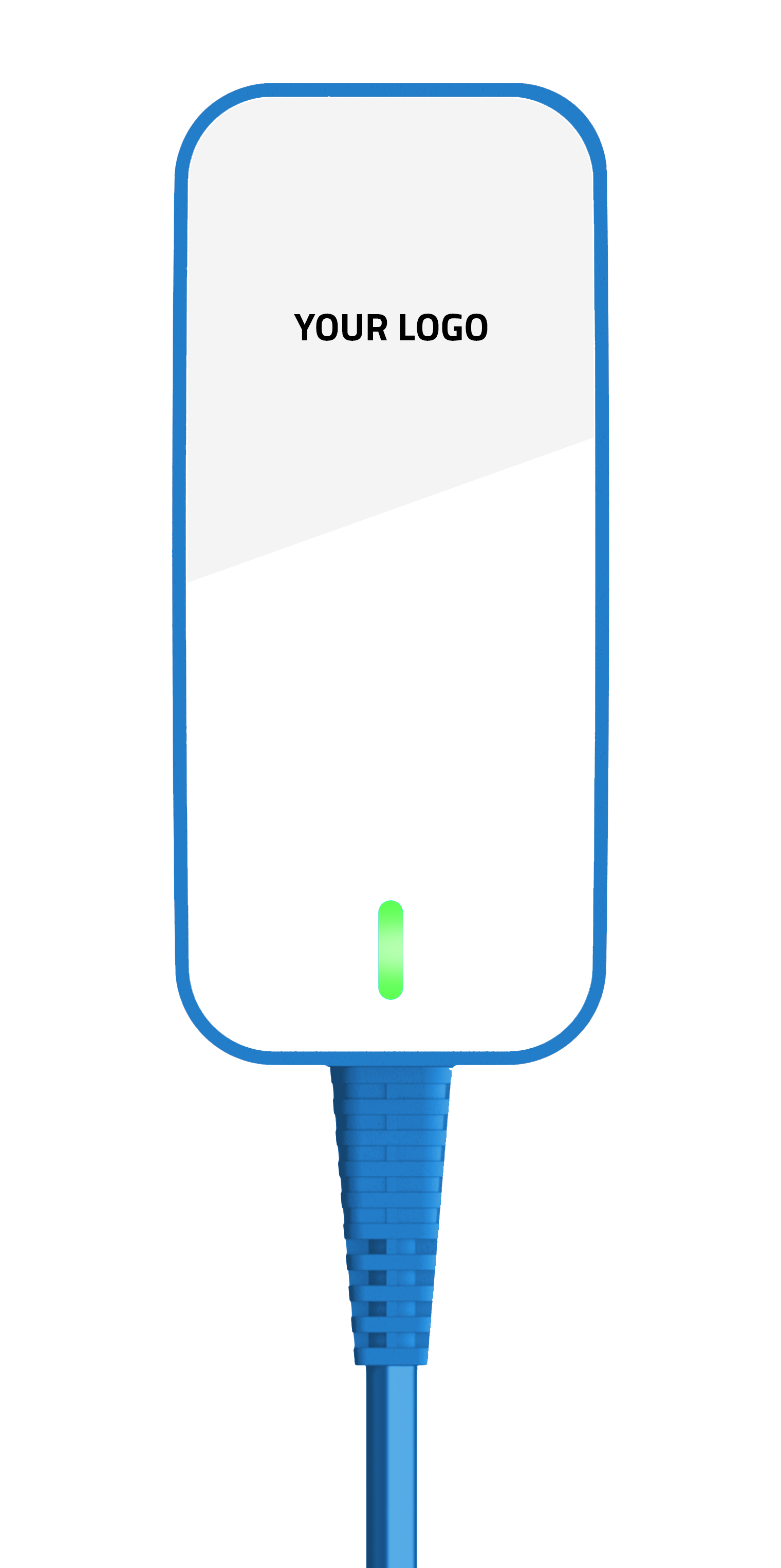 A white power supply charger with a green light on it and blue trim.